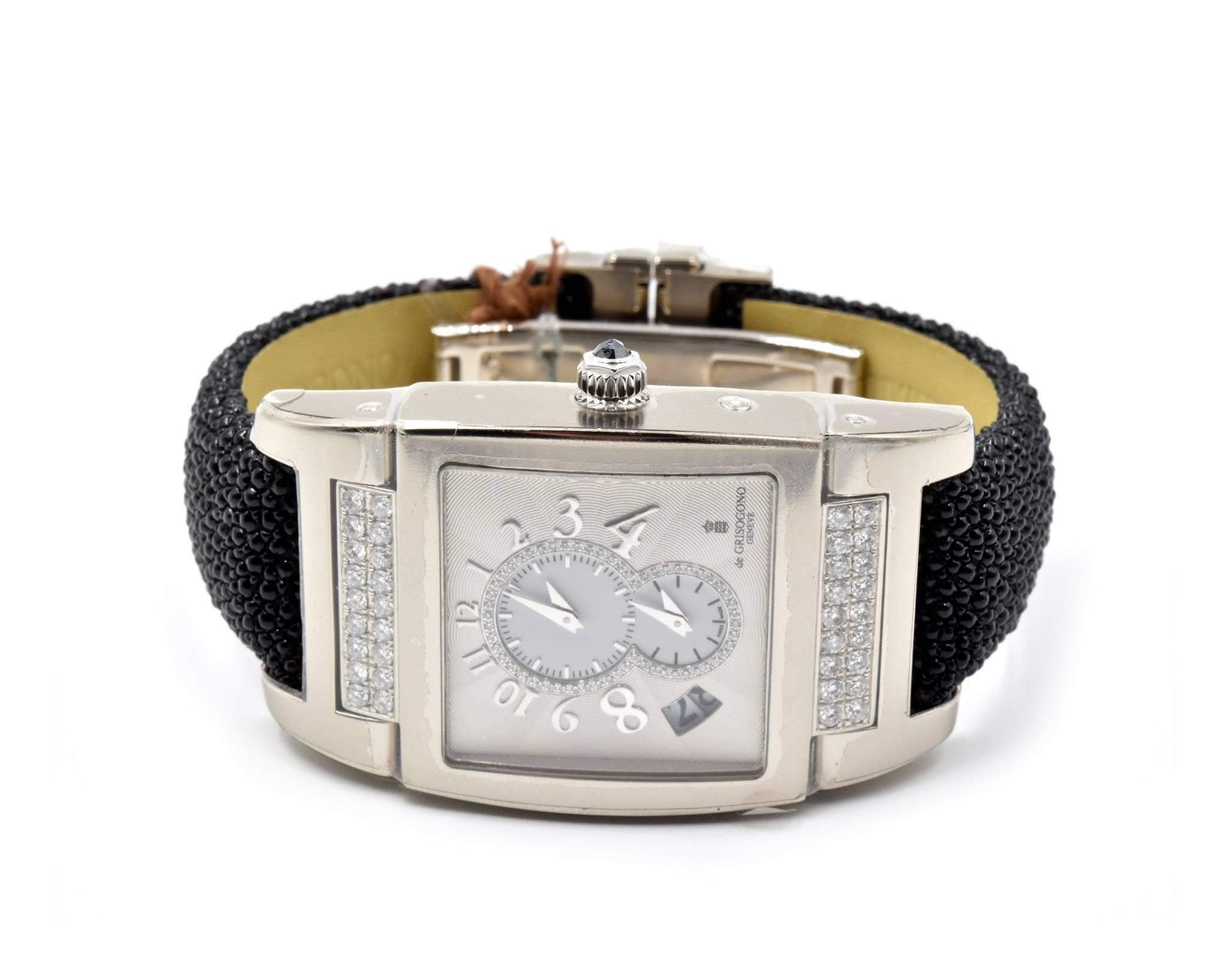 Movement: mechanical 21 jewels automatic winding
Function: hours, minutes, grand date, power reserve 42 hours, 2nd time zone
Case: rectangular 37.5mm x 56.6mm 18k white gold case set with 36 diamonds, sapphire protective crystal, water resistant to