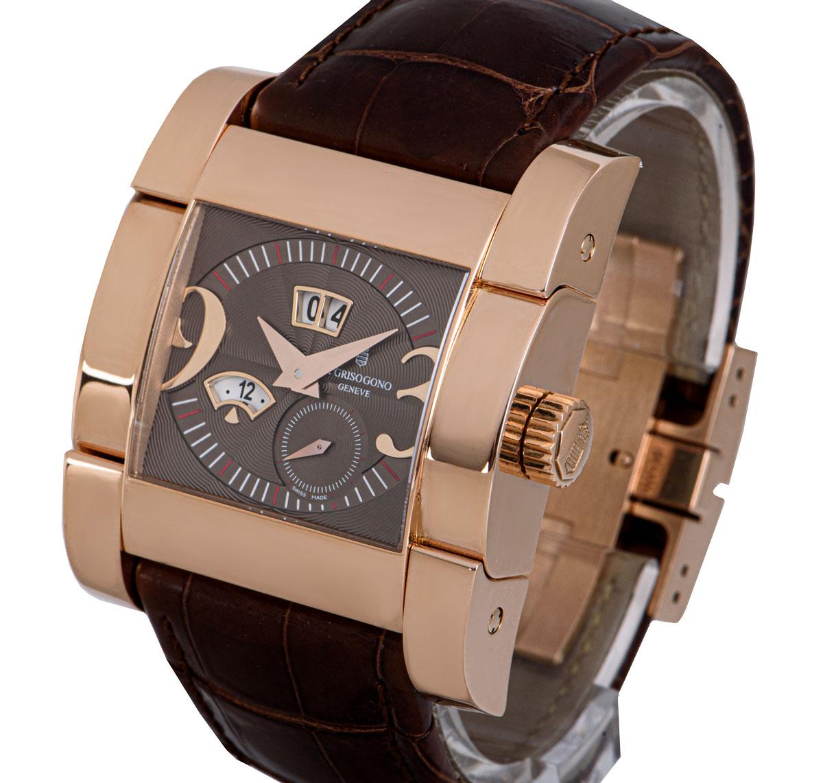 A 40 mm 18k Rose Gold Instrumento Novantatre Gents Wristwatch, brown dial with hour markers and applied arabic numbers 3 and 9, small seconds at 5 0'clock, month at 8 0'clock, date at 12 0'clock, a fixed 18k rose gold bezel, an original brown