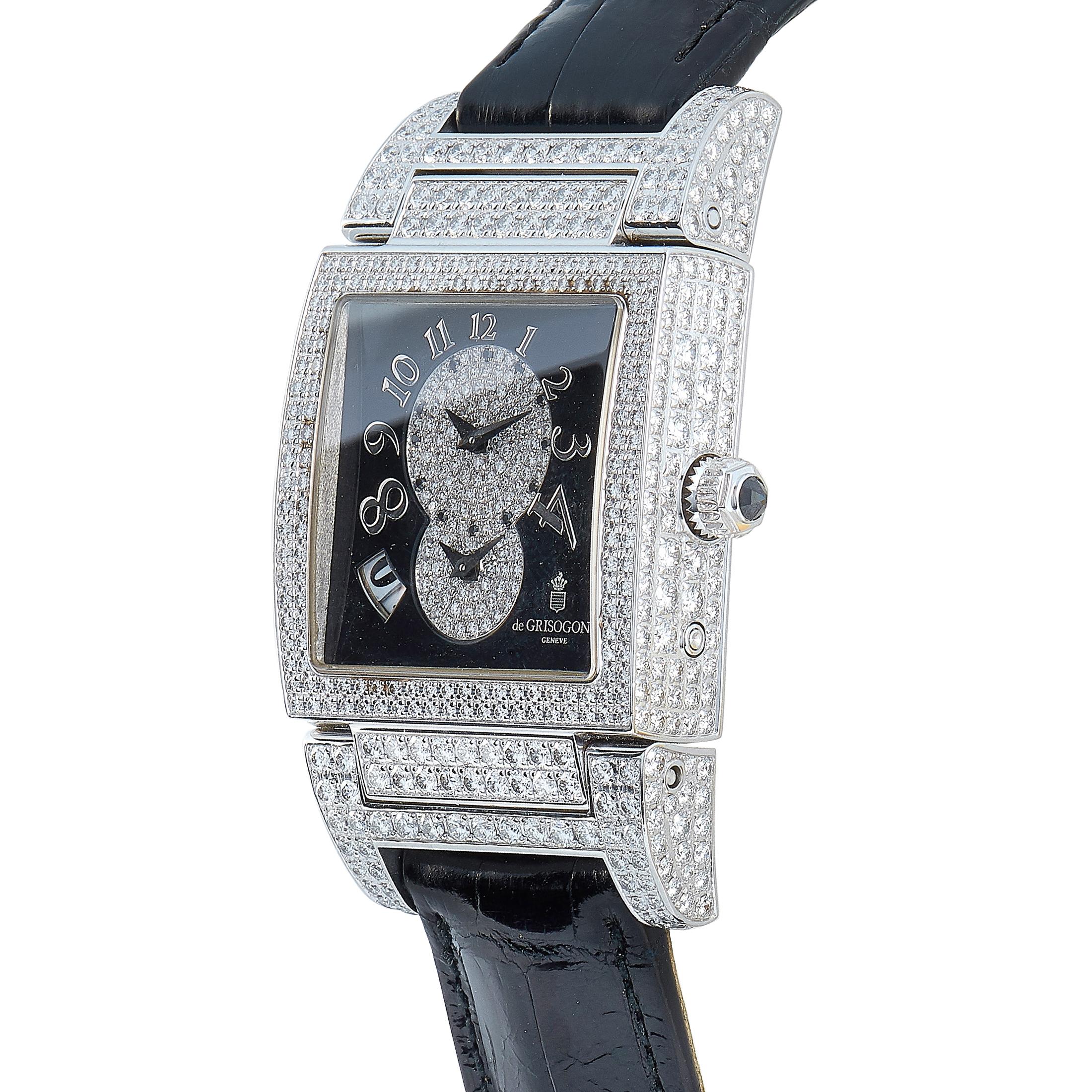 The de Grisogono Instrumento N°Uno watch, reference number TINO S10, is presented with a diamond-set 18K white gold case that boasts see-through back. This timepiece is powered by a self-winding movement and features the following functions on the