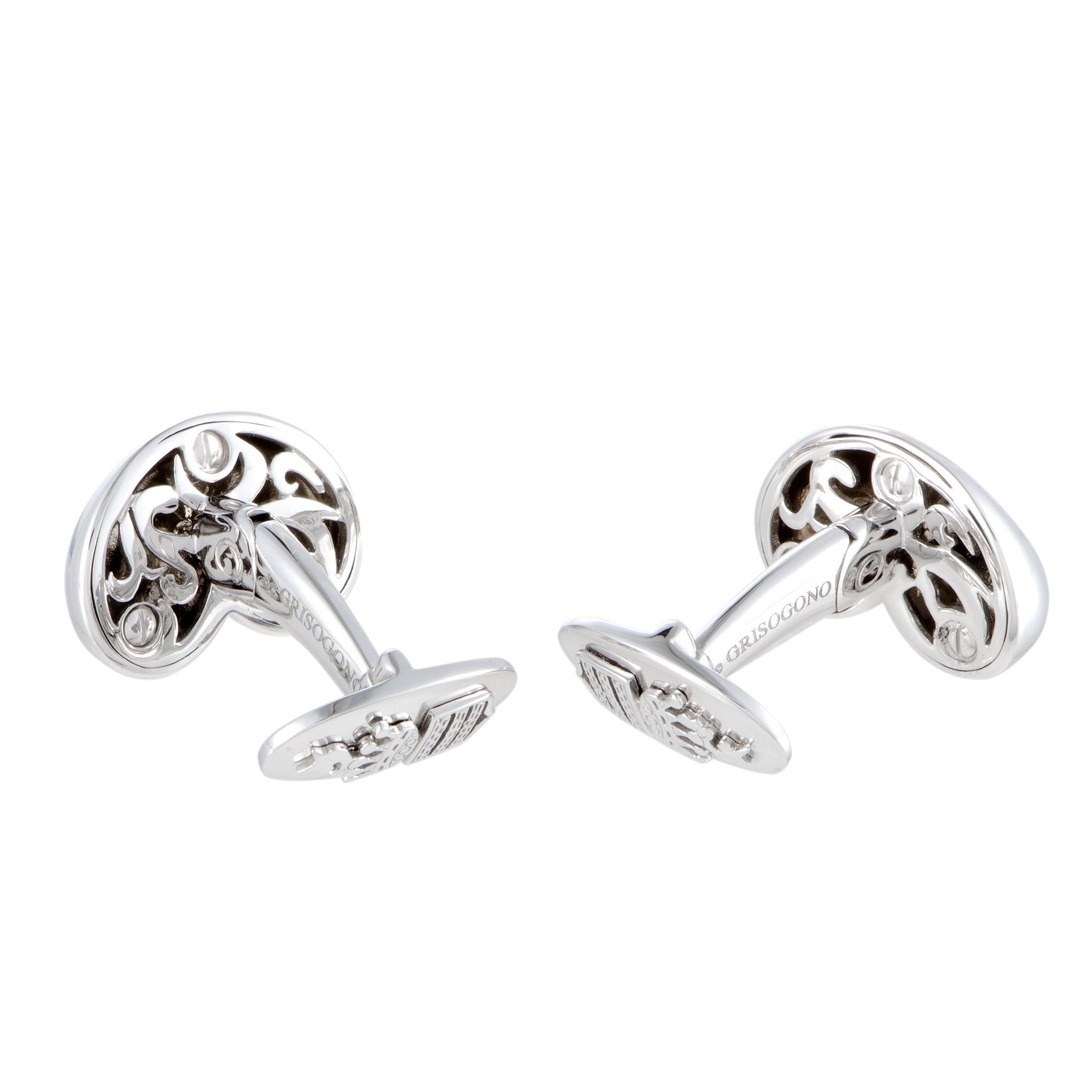 The ever-luxurious combination of prestigiously gleaming gold and irresistibly scintillating diamond stones is featured in this exceptional pair of cufflinks that offers an incredibly attractive look of utmost elegance and sophistication. The
