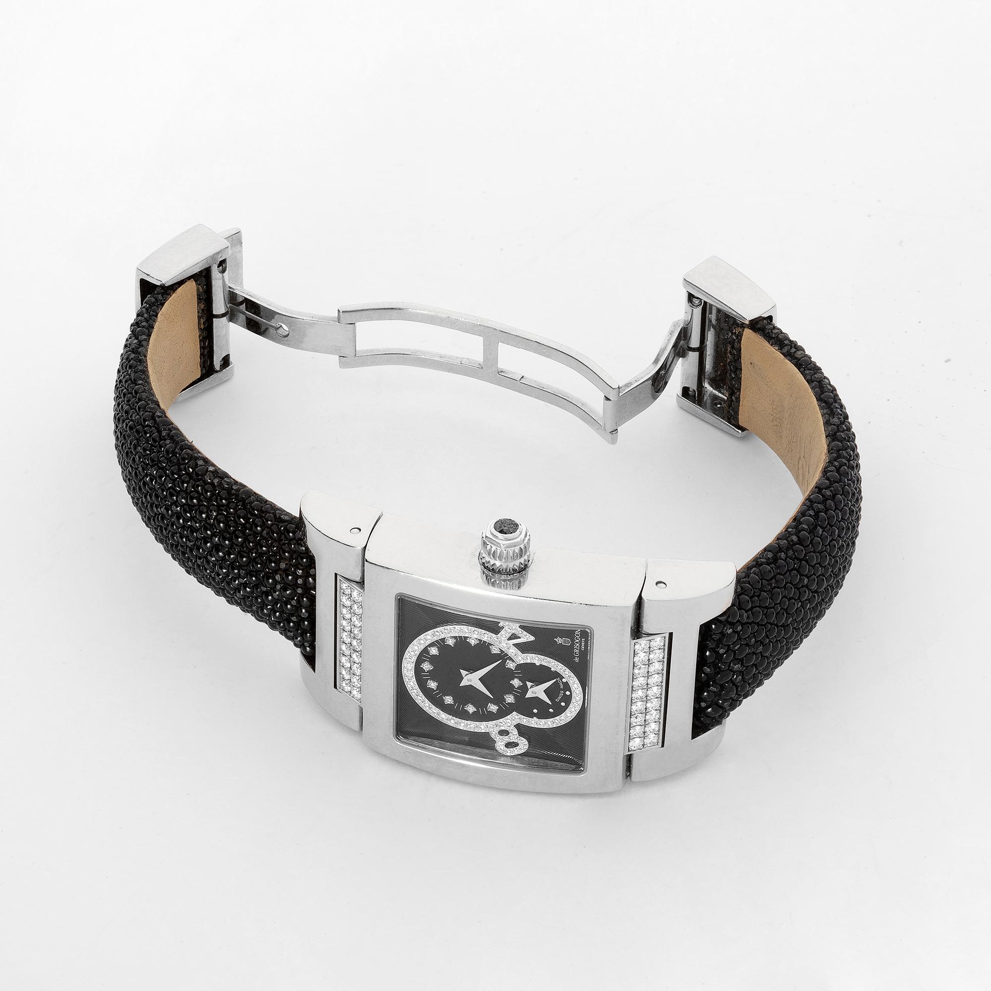 A unique piece from De Grisogono crafted in diamonds and white gold. 

* Exclusive, Swiss-made, 100% mechanic calibres, certified by the Poinçon de Genève.
* Architectural and Skeletonized movements
* Stingray leather bracelet 
* White gold with