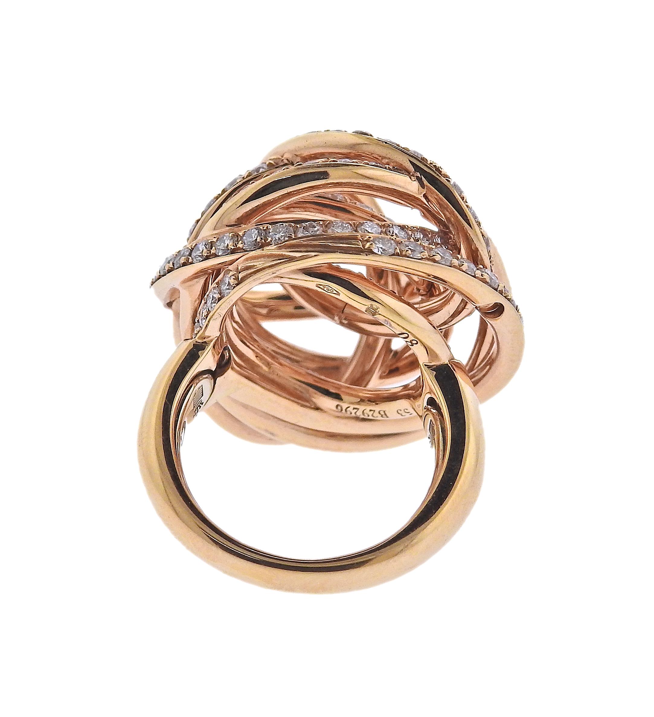 De Grisogono 18k rose gold Matassa ring, with 3.70ctw FG/VVS diamonds. Ring size 6.5, top of the ring measures 25mm x 25mm. Marked: De Grisogono, 80,B29296, Au750. Weight is 21.1 grams. Comes with COA. New/store sample, with tag.