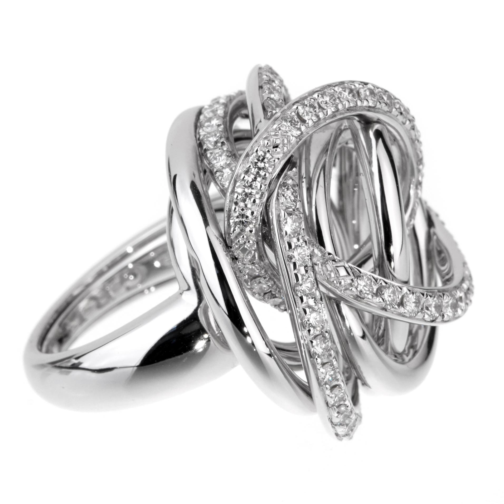 A chic De Grisogono Matassa diamond ring featuring 80 of the finest round brilliant cut diamonds set in 18k white gold. 1.53ct total weight. 

Size 6

