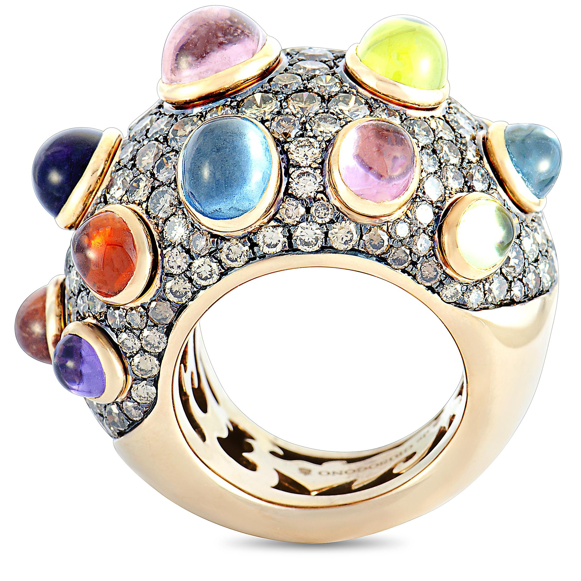 The de Grisogono “Melagrama” ring is made of 18K rose gold and set with a total of 7.15 carats of diamonds and with topaz, amethyst, peridot, and garnet stones that amount to 14.75 carats. The ring weighs 40 grams and boasts band thickness of 10 mm