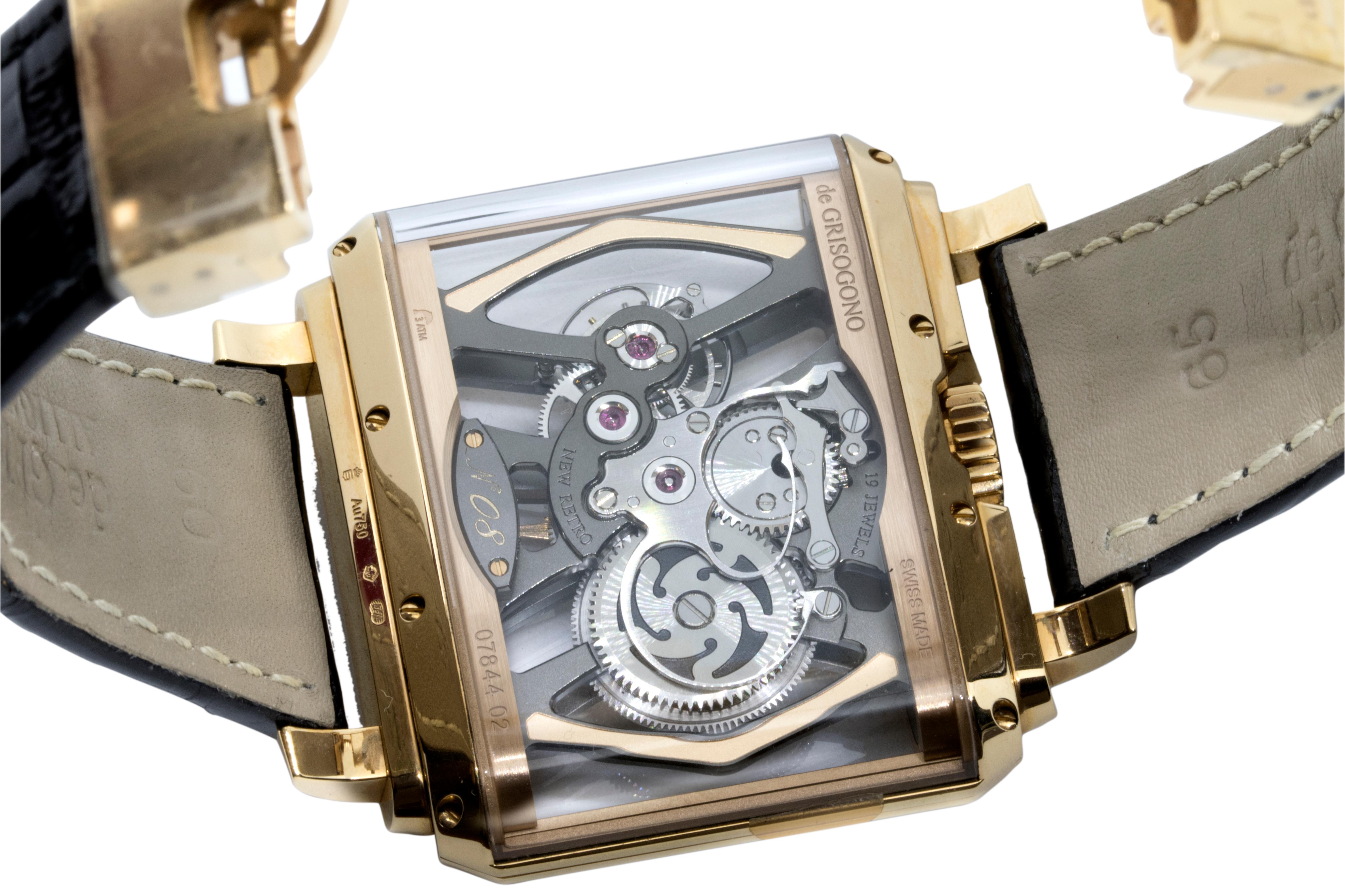 The wide case houses a tourbillon bearing the de GRISOGONO signature. The New Retro Skeleton Tourbillon transcends a legendary complication in a daring and spectacular style. Without changing the case size or its cambered profile, the watchmakers