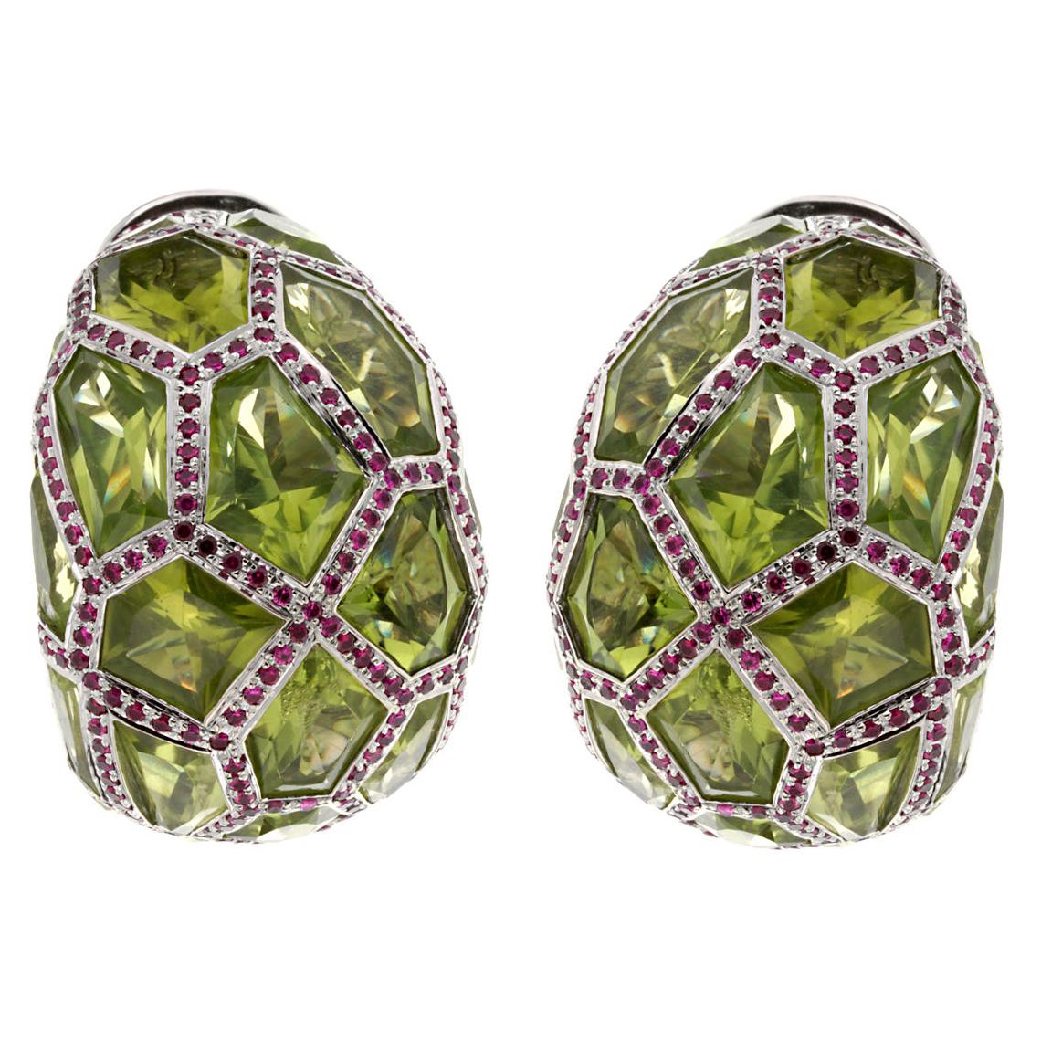 De Grisogono Peridot Ruby White Gold Hoop Earrings For Sale