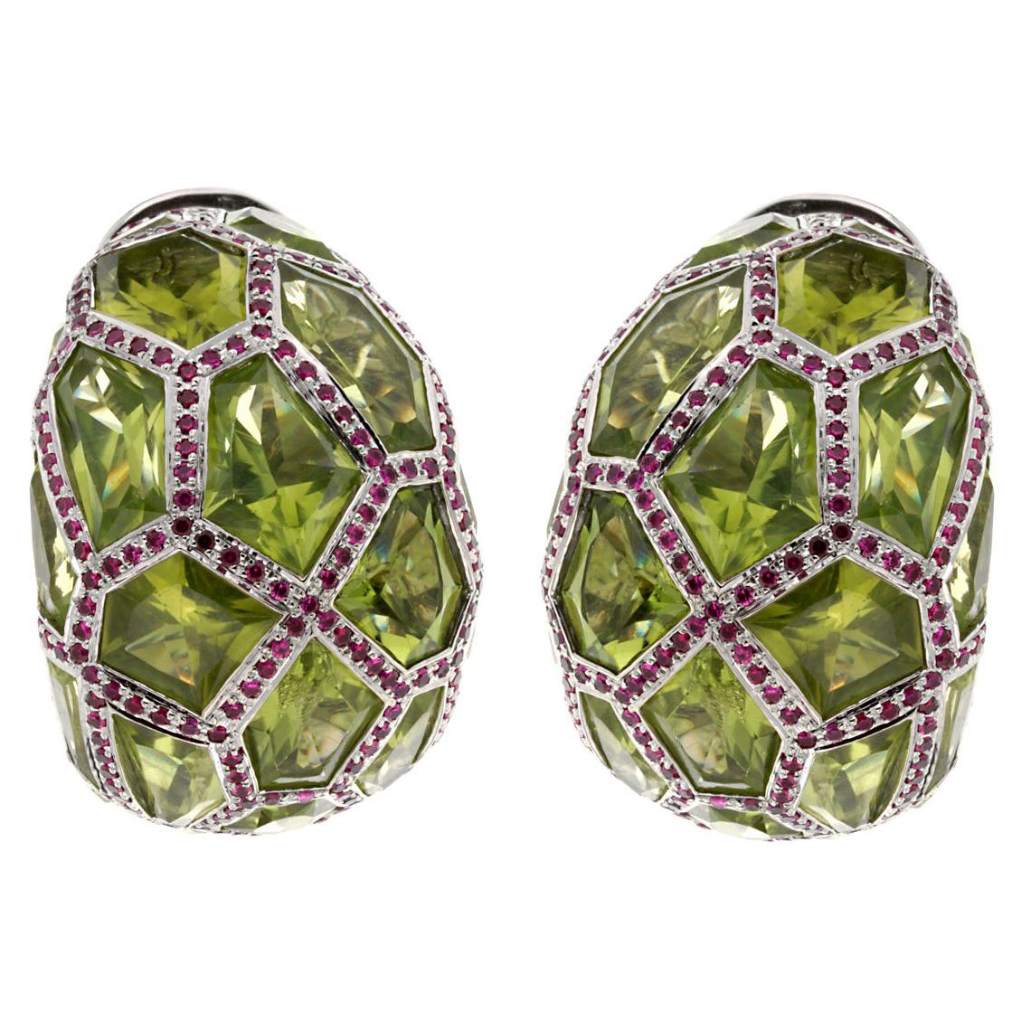 De Grisogono Peridot Ruby White Gold Hoop Earrings For Sale