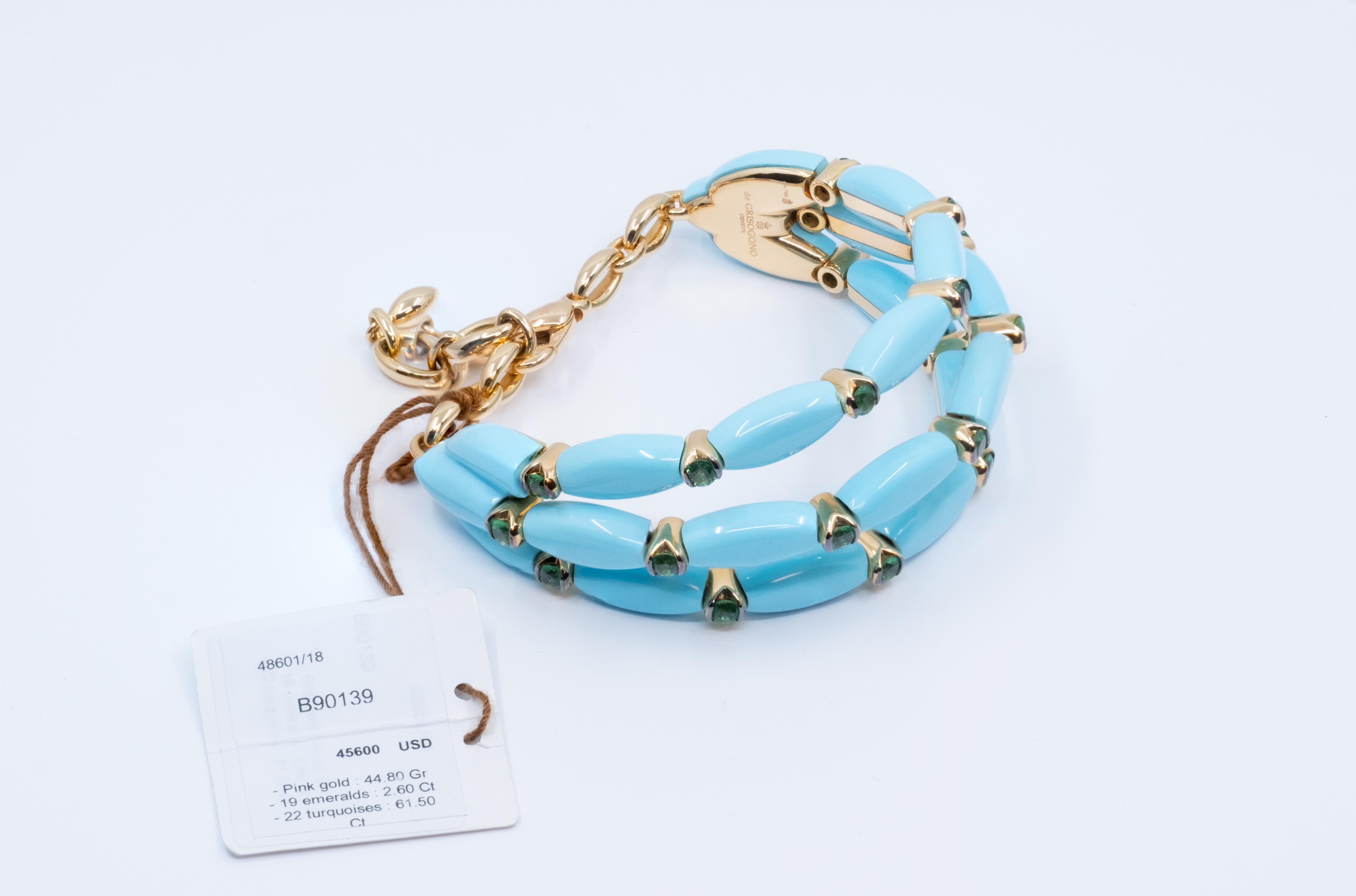 de GRISOGONO Pink Gold & Turquoise Bracelet

•	44.8 grams Pink Gold
•	19 Emeralds 2.6ct
•	22 Turquoises 61.5ct
