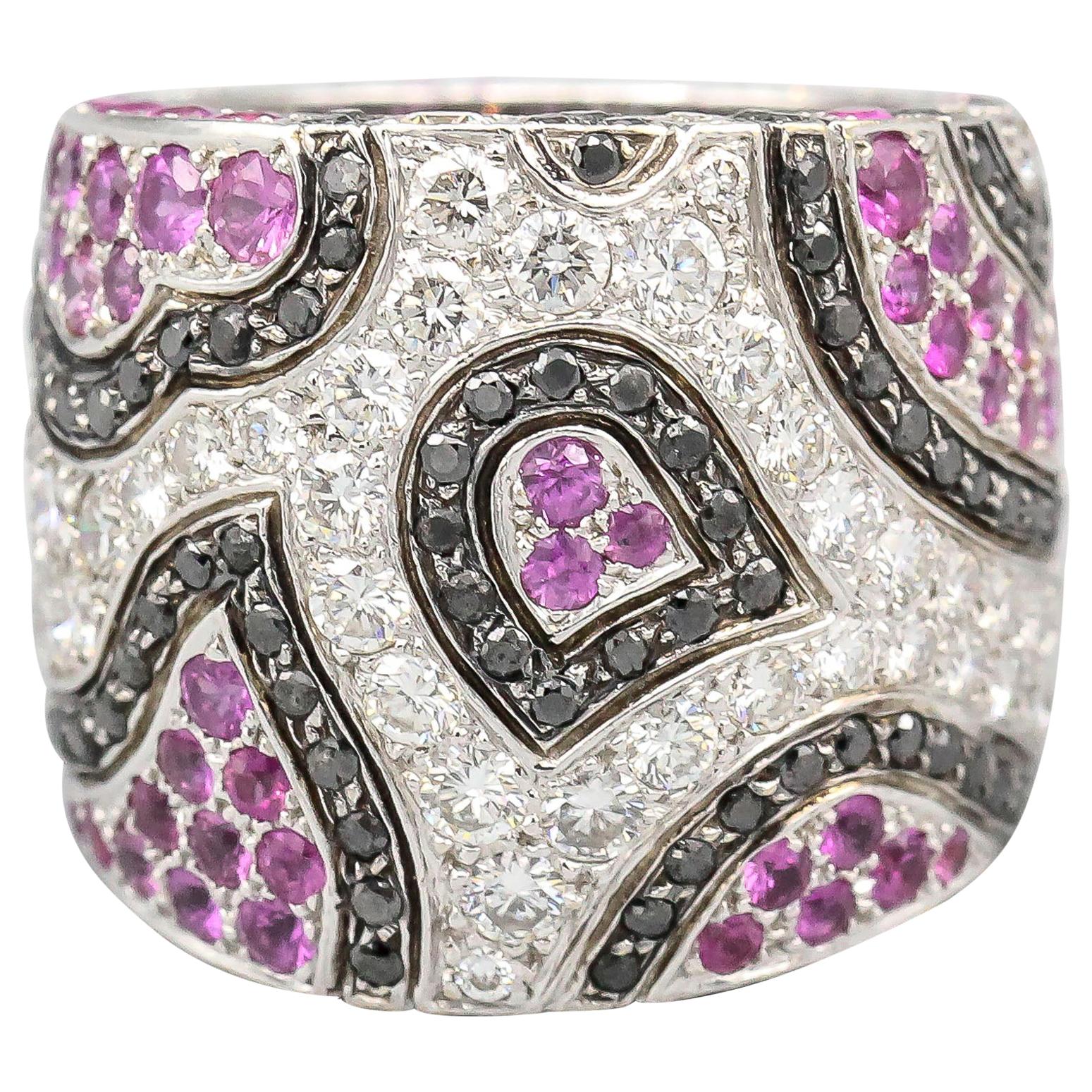 De Grisogono Pink Sapphire Black White Diamond 18 Karat White Gold Ring