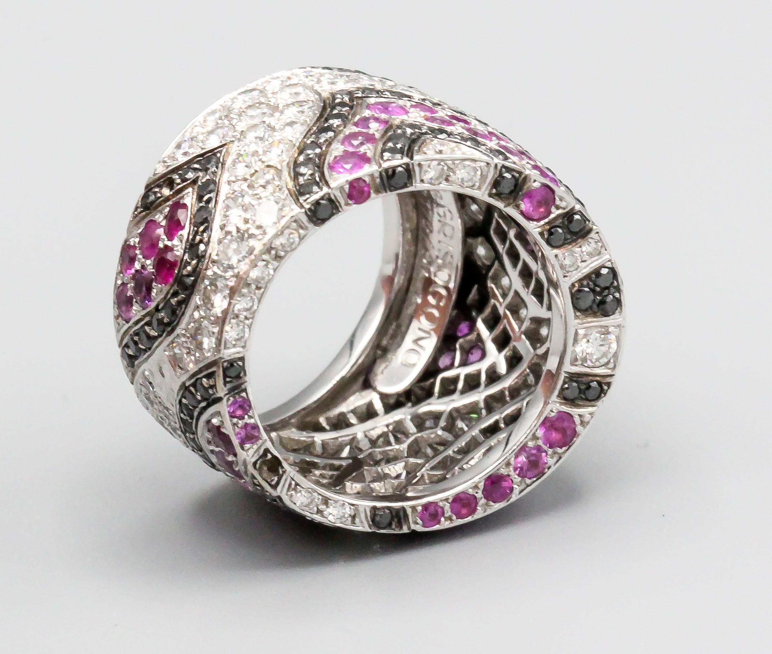 Round Cut De Grisogono Pink Sapphire Black White Diamond 18 Karat White Gold Ring For Sale