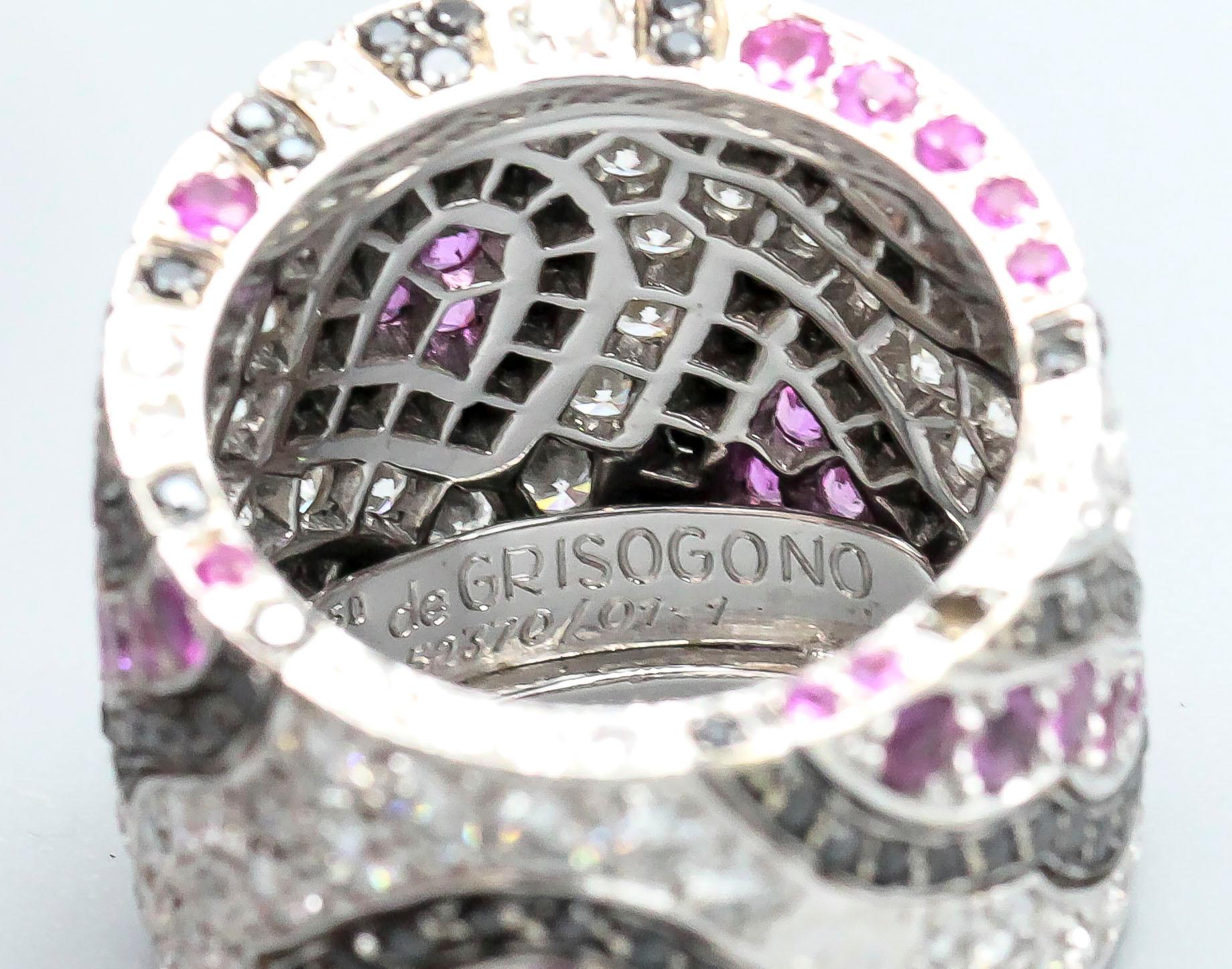 De Grisogono Pink Sapphire Black White Diamond 18 Karat White Gold Ring In Good Condition For Sale In New York, NY