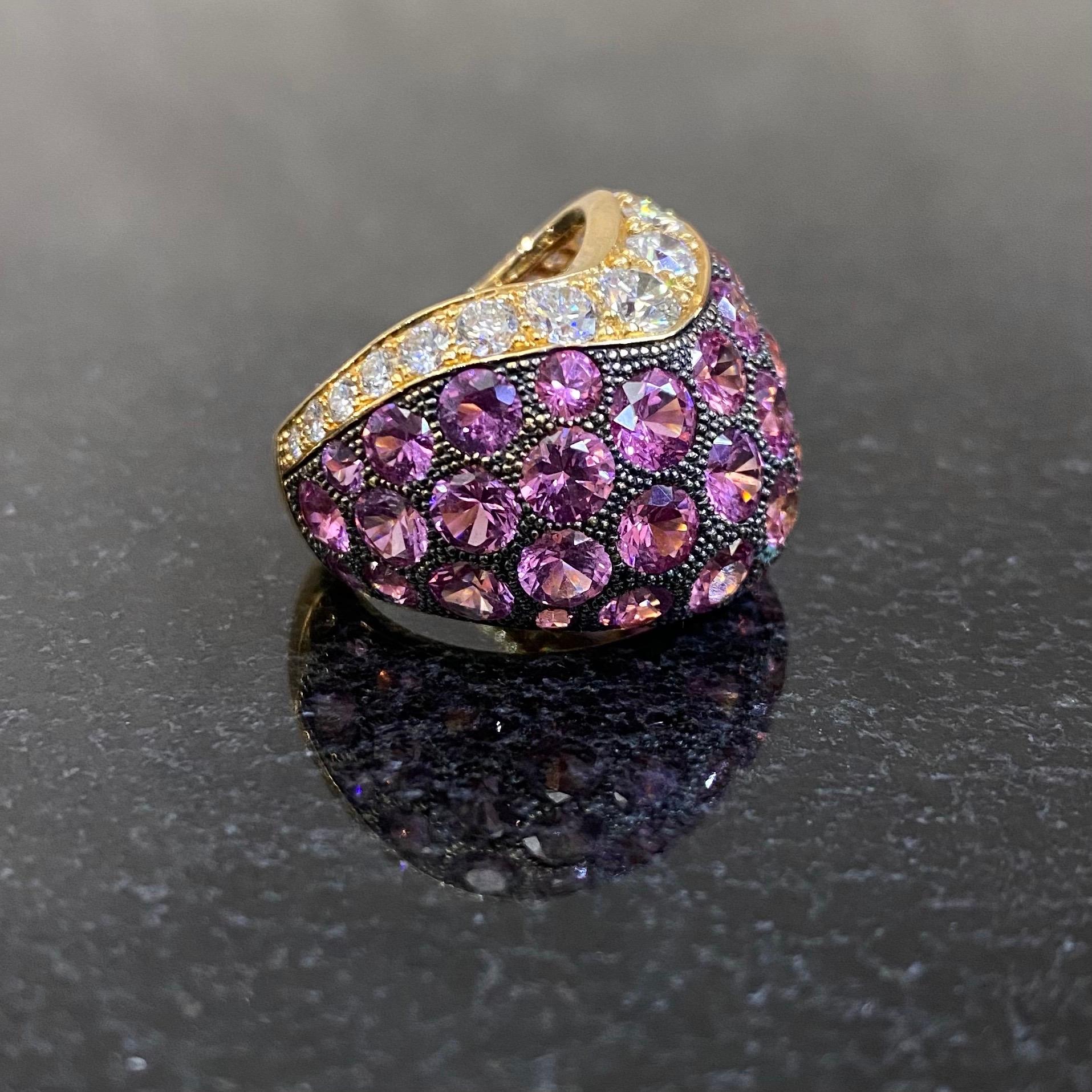 de GRISOGONO Pink Sapphire Diamond Pave Wishbone Bombe Cocktail Ring Yellow Gold For Sale 3