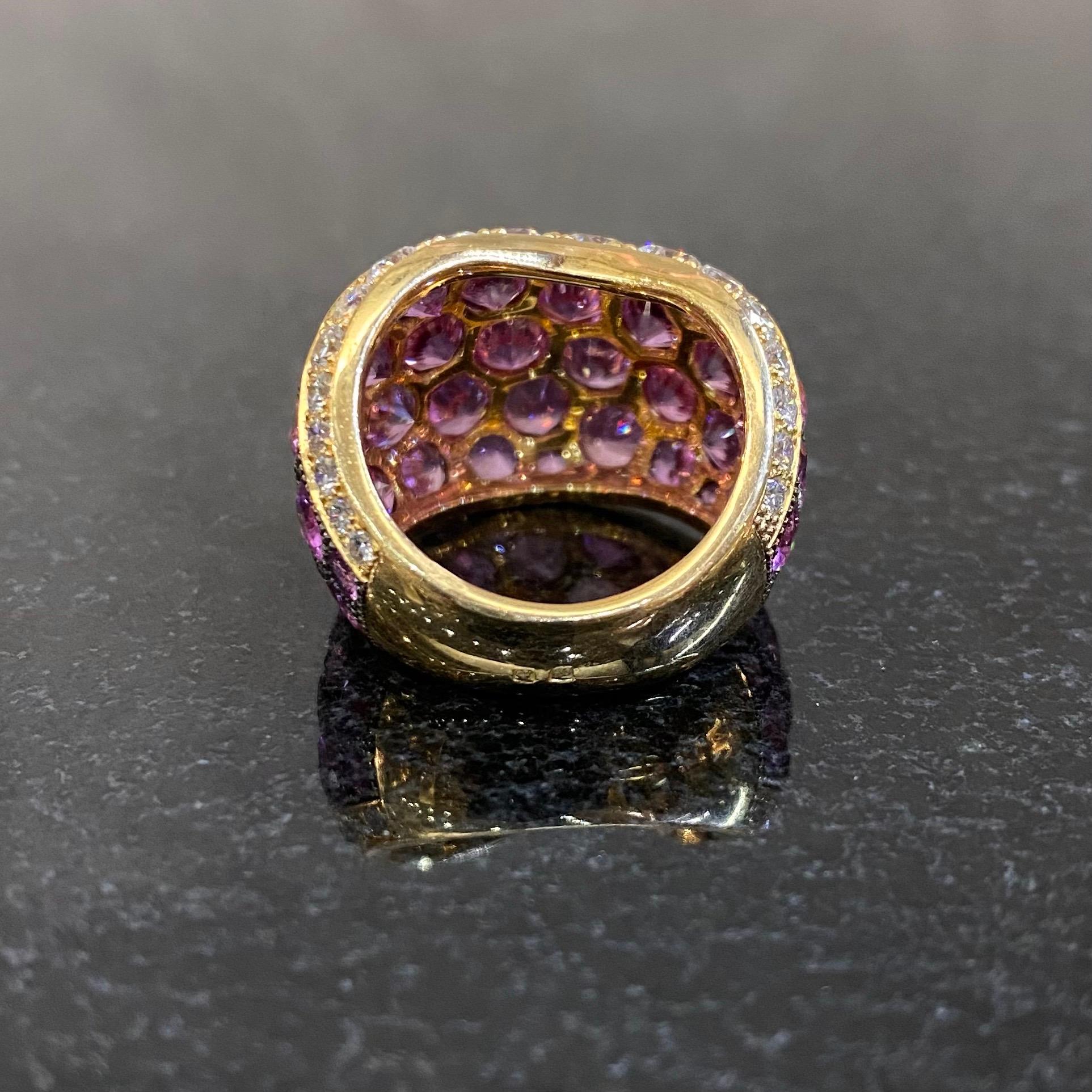 de GRISOGONO Pink Sapphire Diamond Pave Wishbone Bombe Cocktail Ring Yellow Gold For Sale 4