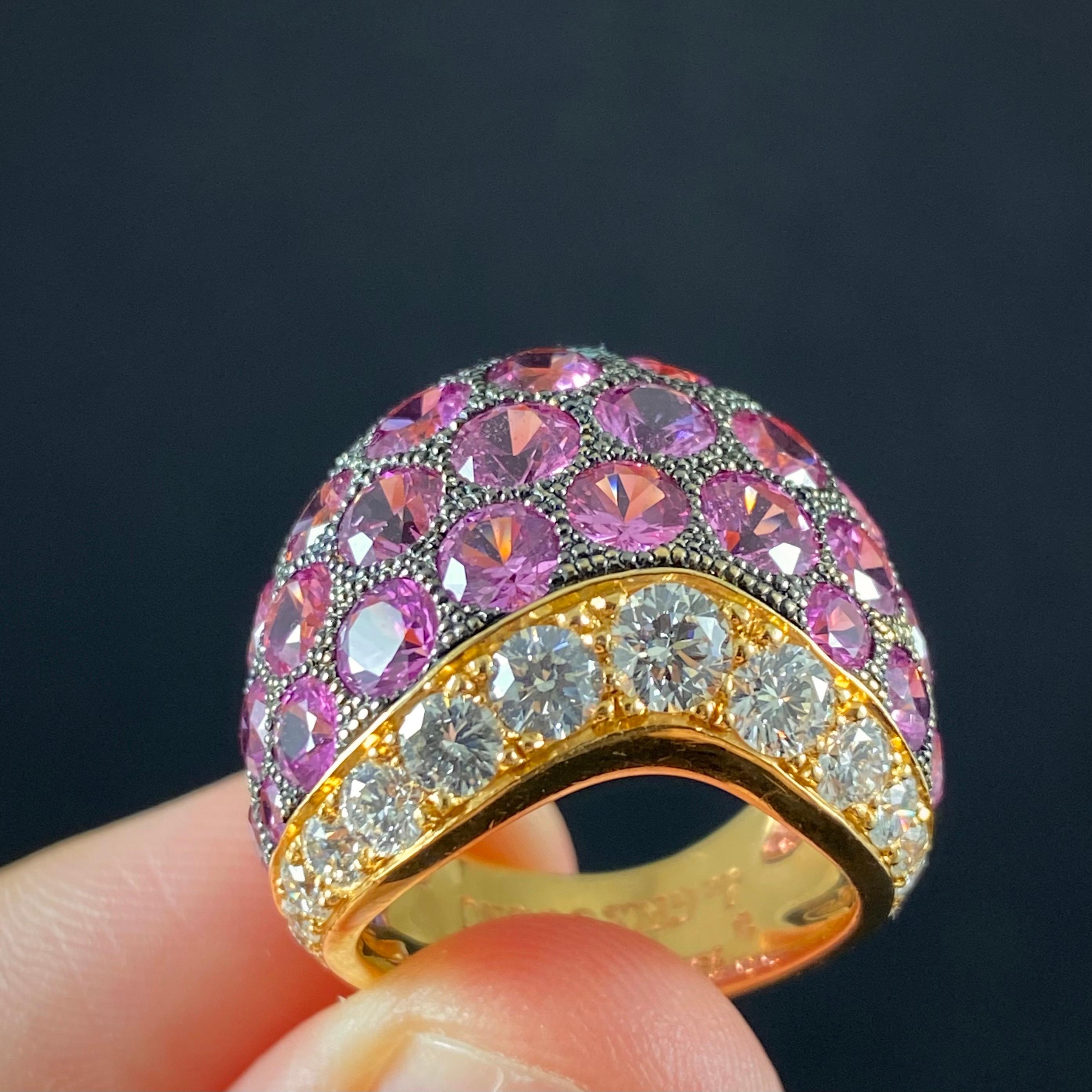 de GRISOGONO Pink Sapphire Diamond Pave Wishbone Bombe Cocktail Ring Yellow Gold For Sale 5