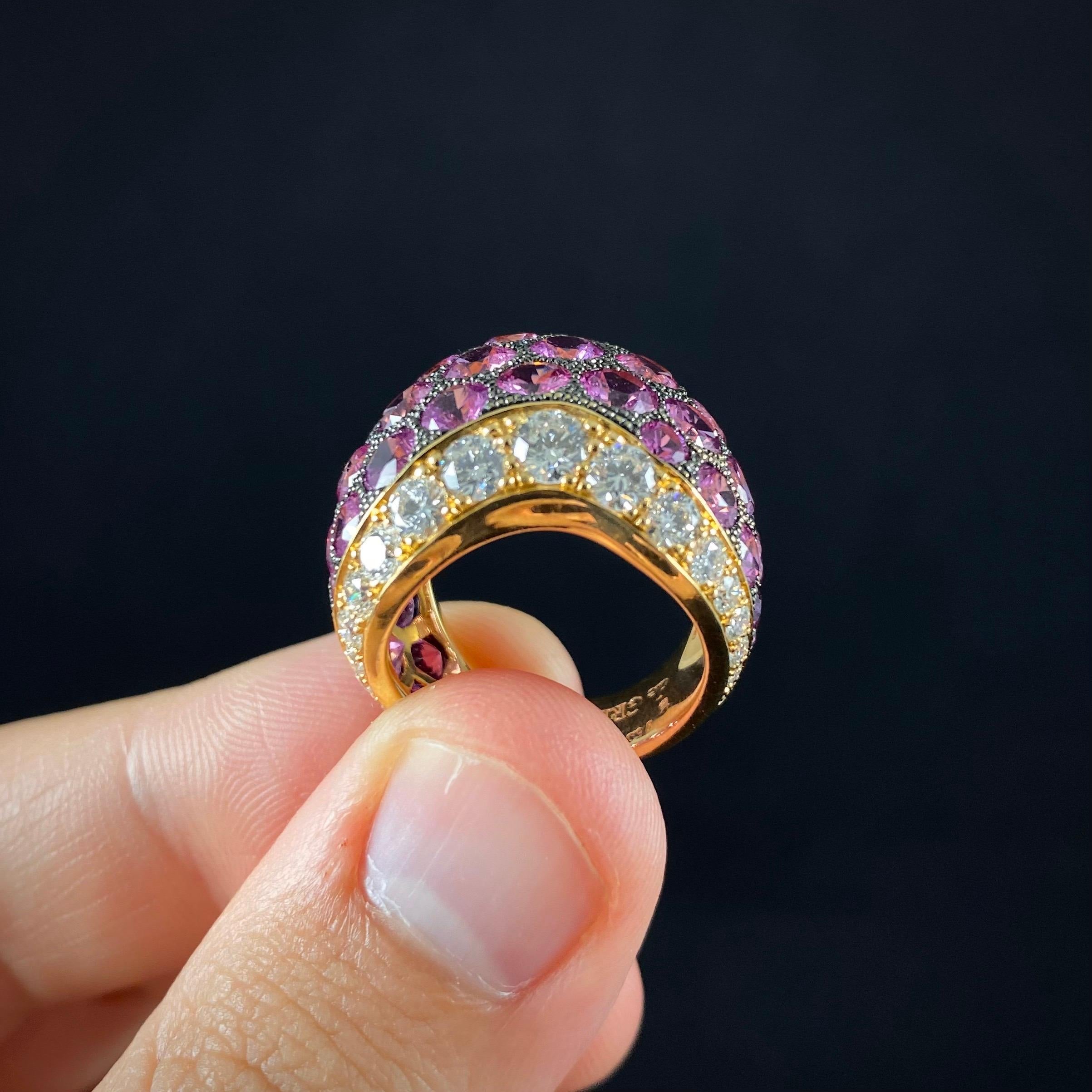 de GRISOGONO Pink Sapphire Diamond Pave Wishbone Bombe Cocktail Ring Yellow Gold For Sale 6