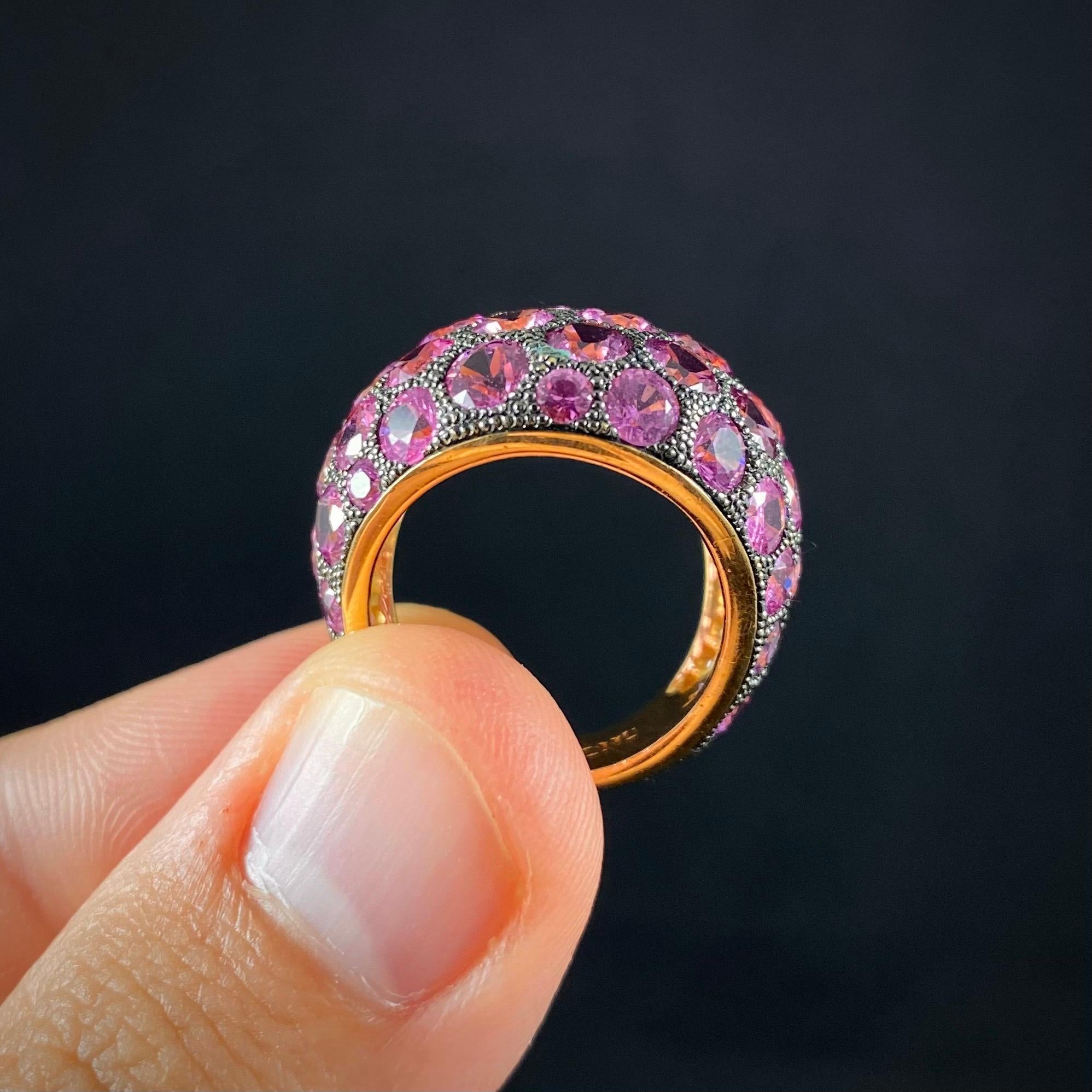 de GRISOGONO Pink Sapphire Diamond Pave Wishbone Bombe Cocktail Ring Yellow Gold For Sale 7