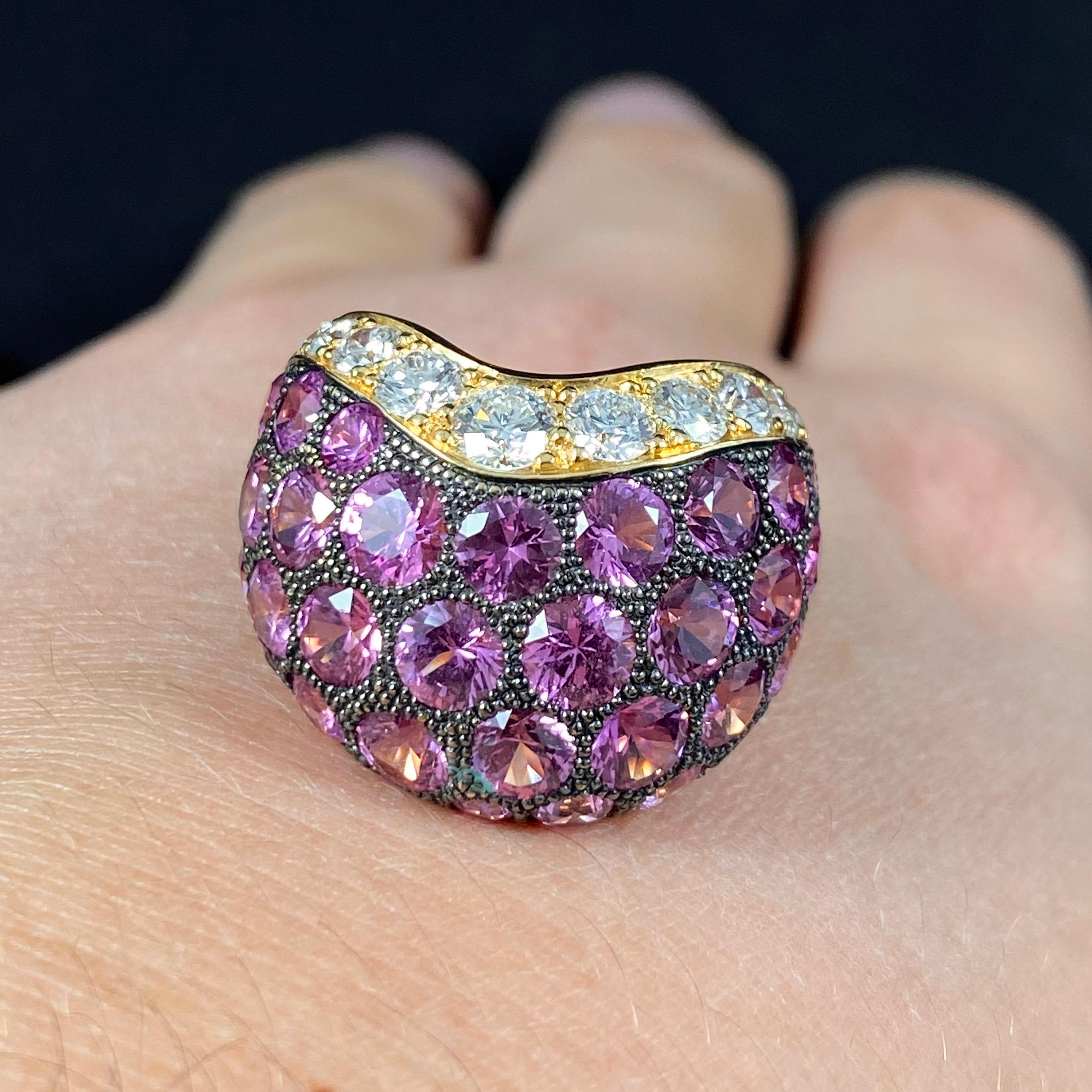 de GRISOGONO Pink Sapphire Diamond Pave Wishbone Bombe Cocktail Ring Yellow Gold For Sale 9
