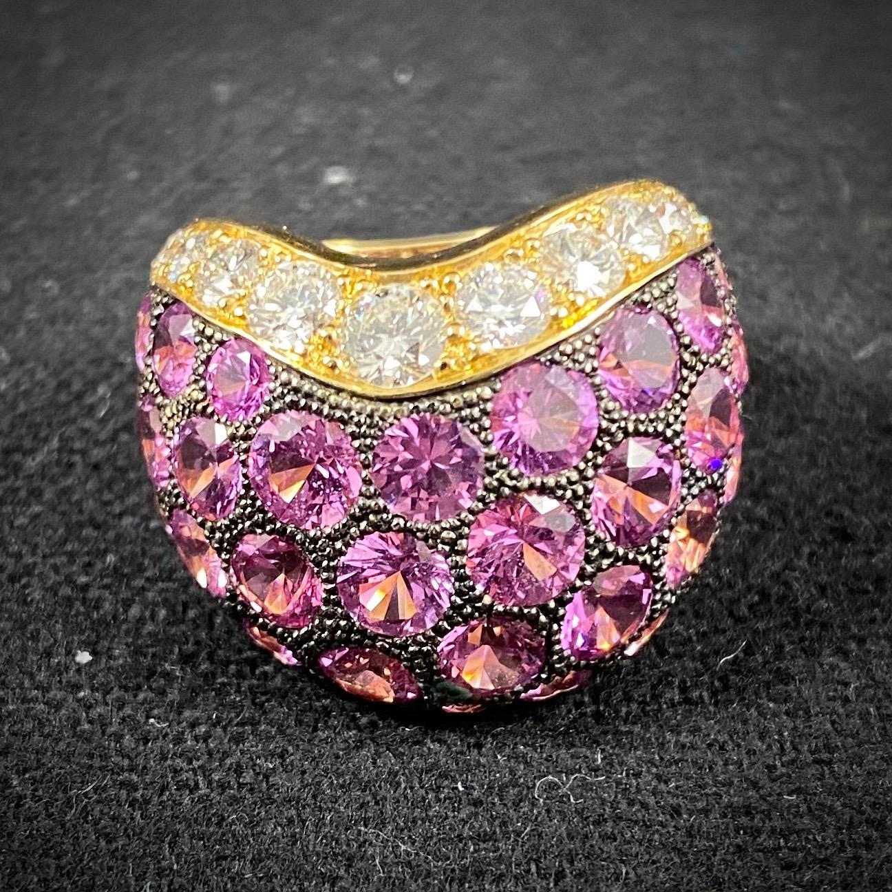 de GRISOGONO Pink Sapphire Diamond Pave Wishbone Bombe Cocktail Ring Yellow Gold For Sale 11