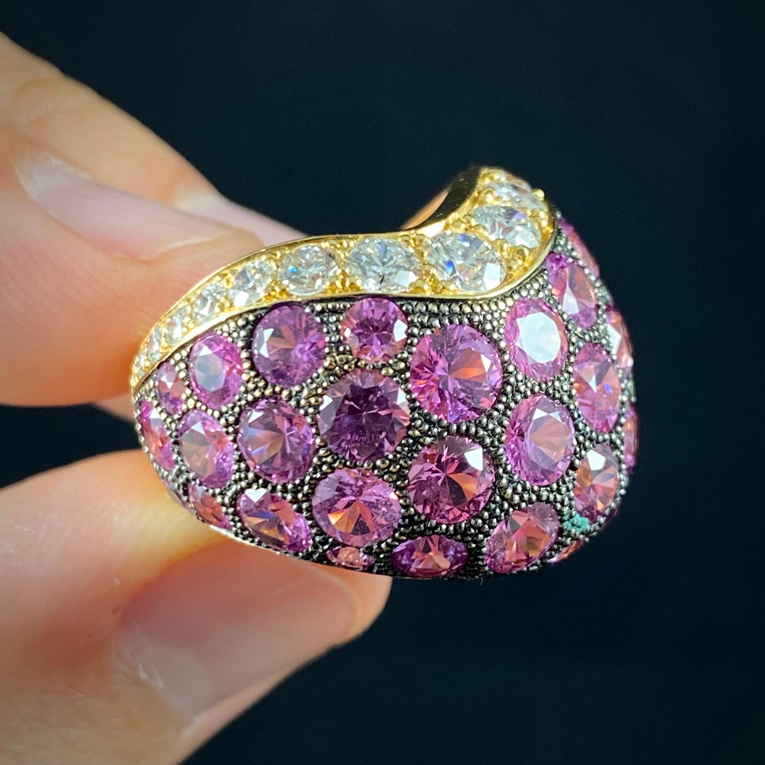 Modern de GRISOGONO Pink Sapphire Diamond Pave Wishbone Bombe Cocktail Ring Yellow Gold For Sale