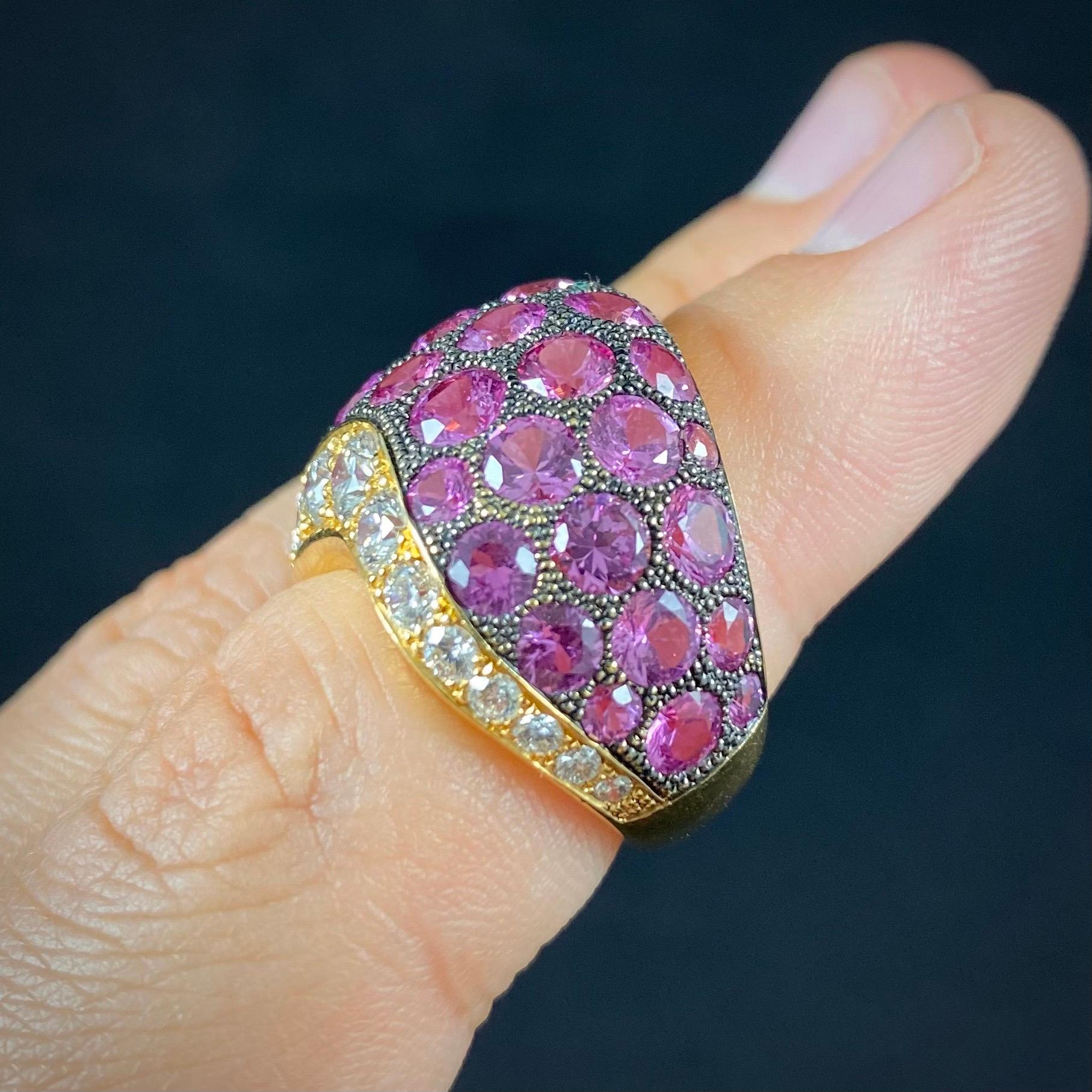 Women's or Men's de GRISOGONO Pink Sapphire Diamond Pave Wishbone Bombe Cocktail Ring Yellow Gold For Sale