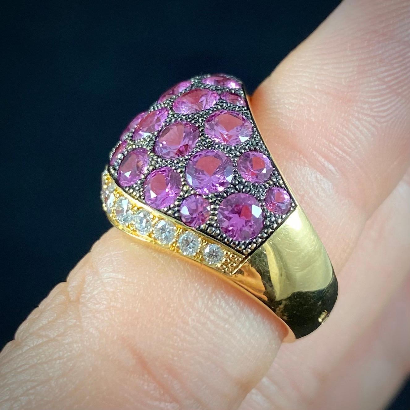 de GRISOGONO Pink Sapphire Diamond Pave Wishbone Bombe Cocktail Ring Yellow Gold For Sale 1