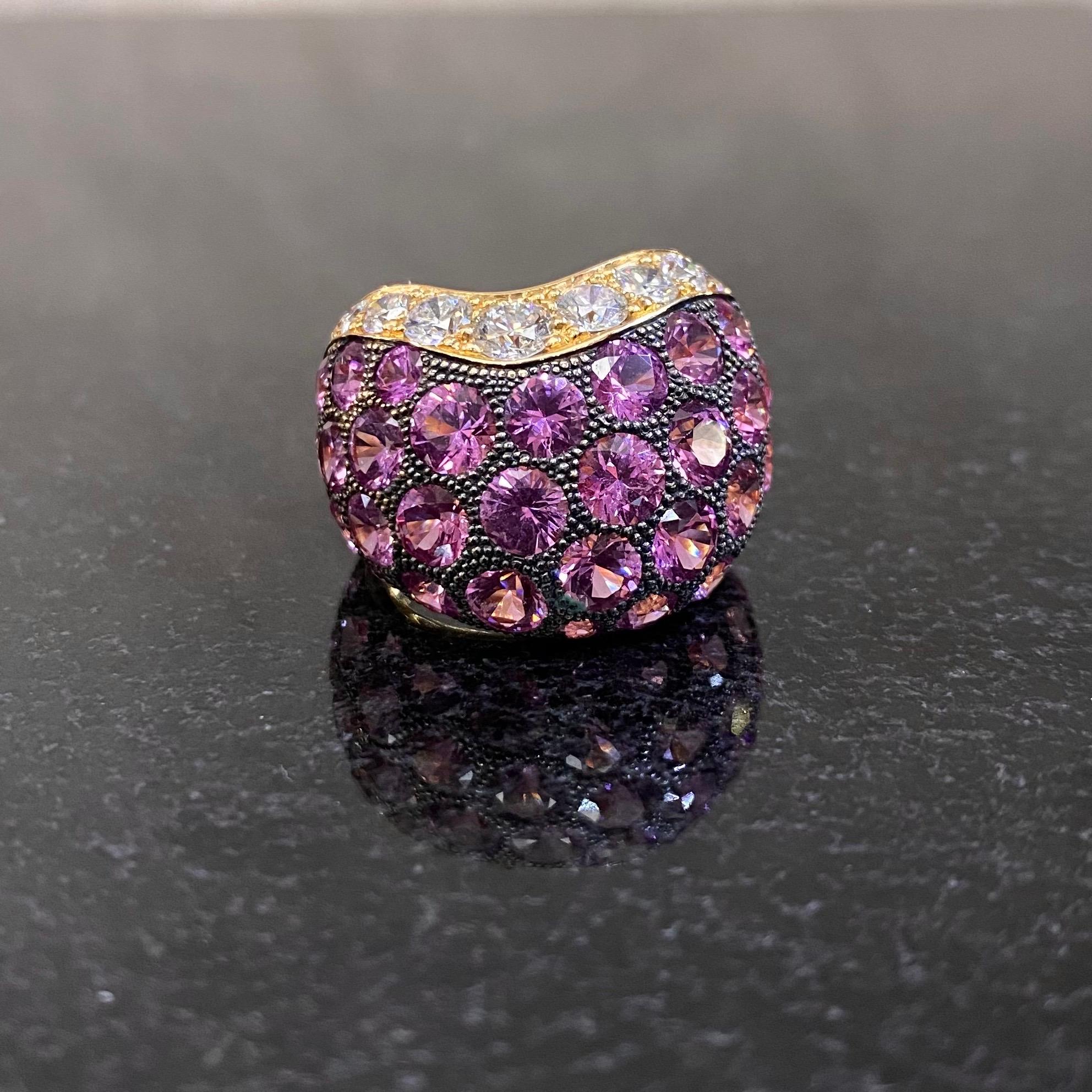 de GRISOGONO Pink Sapphire Diamond Pave Wishbone Bombe Cocktail Ring Yellow Gold For Sale 2