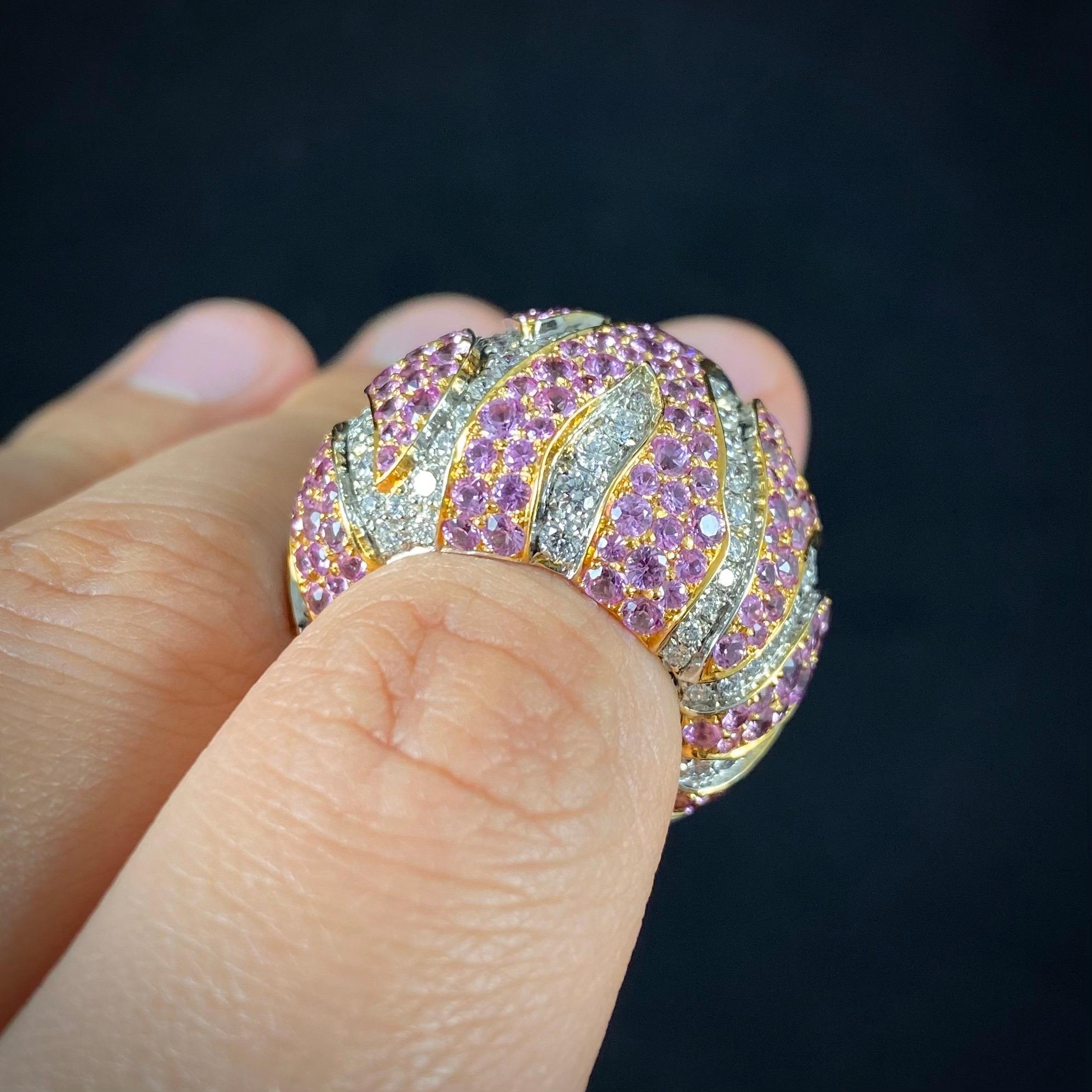 de Grisogono Round Diamond Pink Sapphire Bombe Cocktail Ring White Yellow Gold In Good Condition In Lisbon, PT