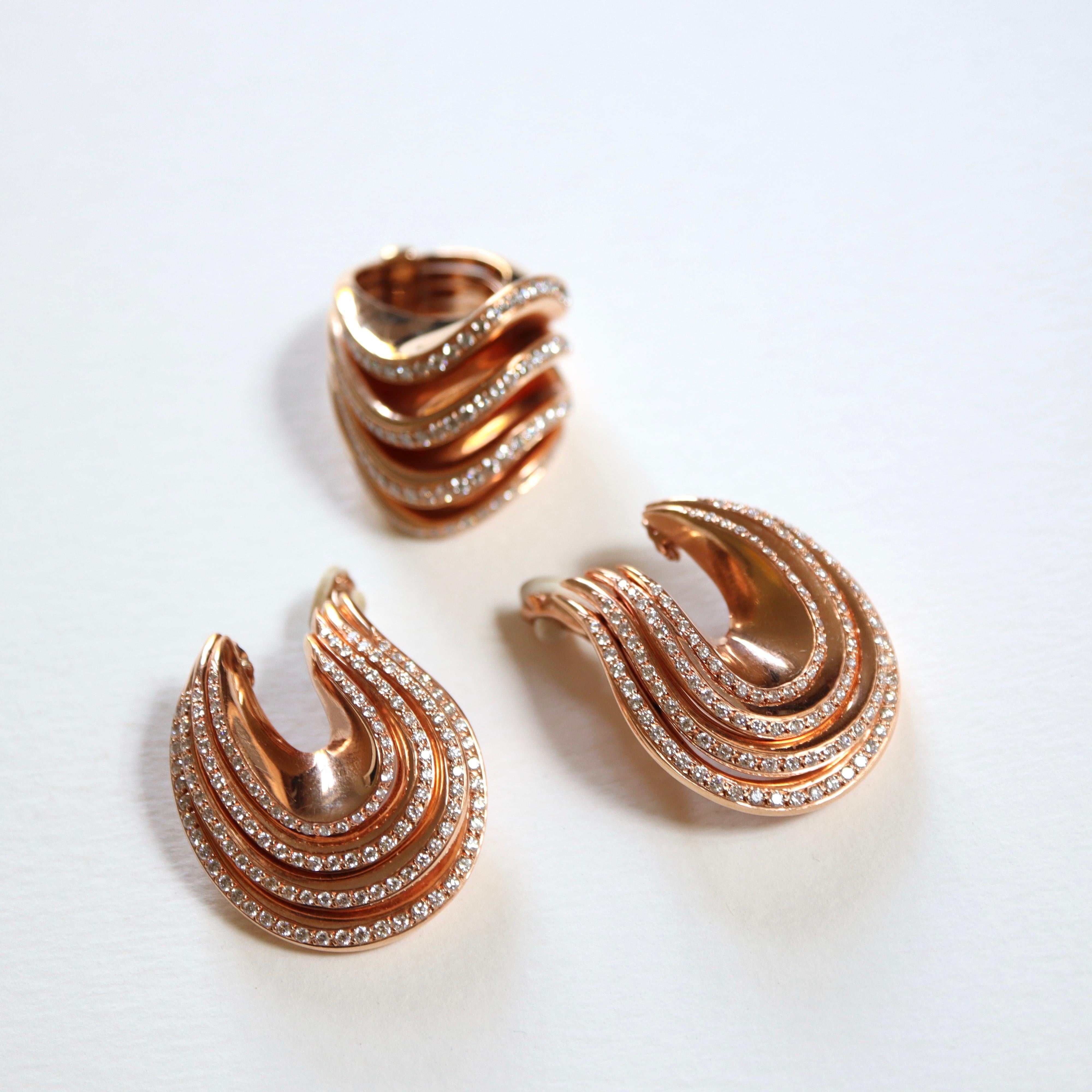 Modern De Grisogono Set Ring and Earrings 18 Kt Pink Gold And Diamonds Onde Collection
