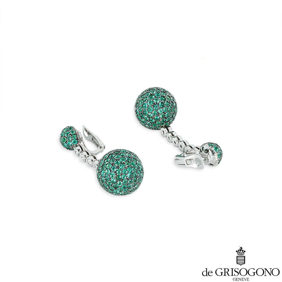 De Grisogono White Gold Tsavorite and Diamond Boule Drop Earclips In Excellent Condition For Sale In London, GB