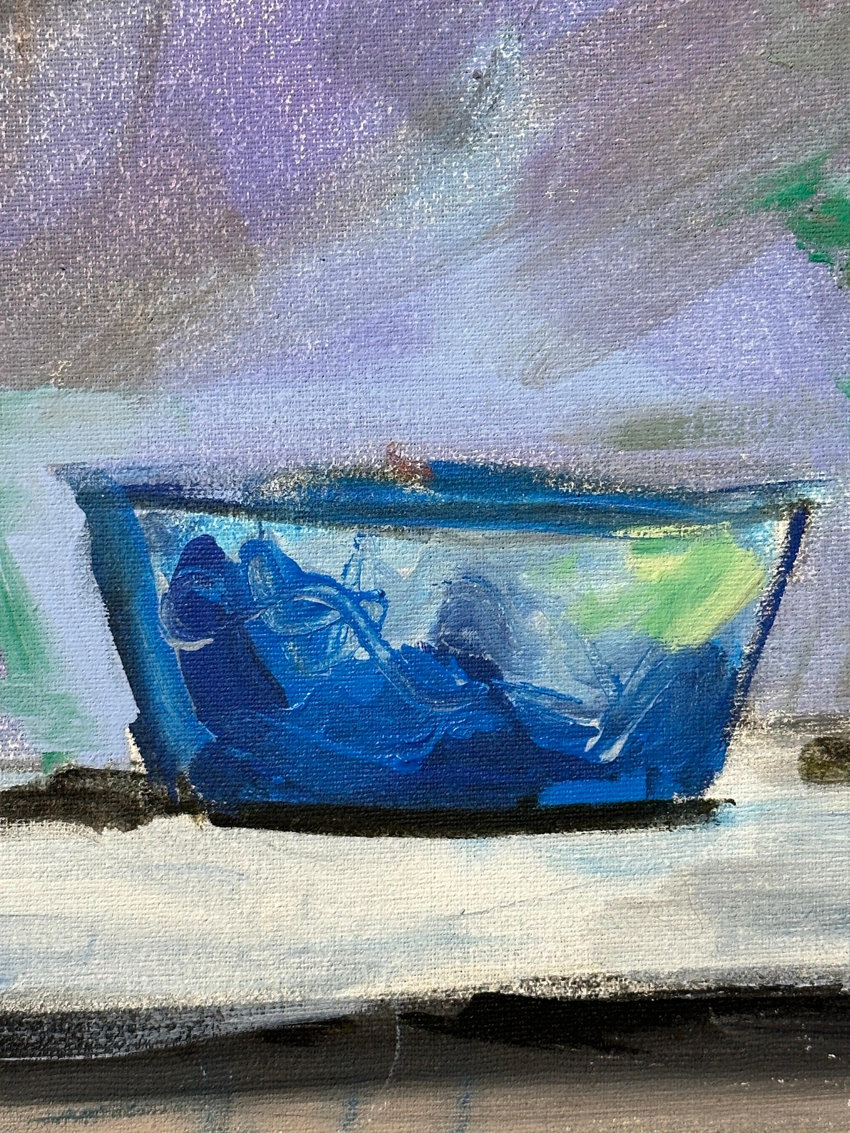 Impressionistisches Stillleben mit Mohnblumen, auf einer Fensterleiste mit blauem Korpus (Impressionismus), Painting, von De Katz