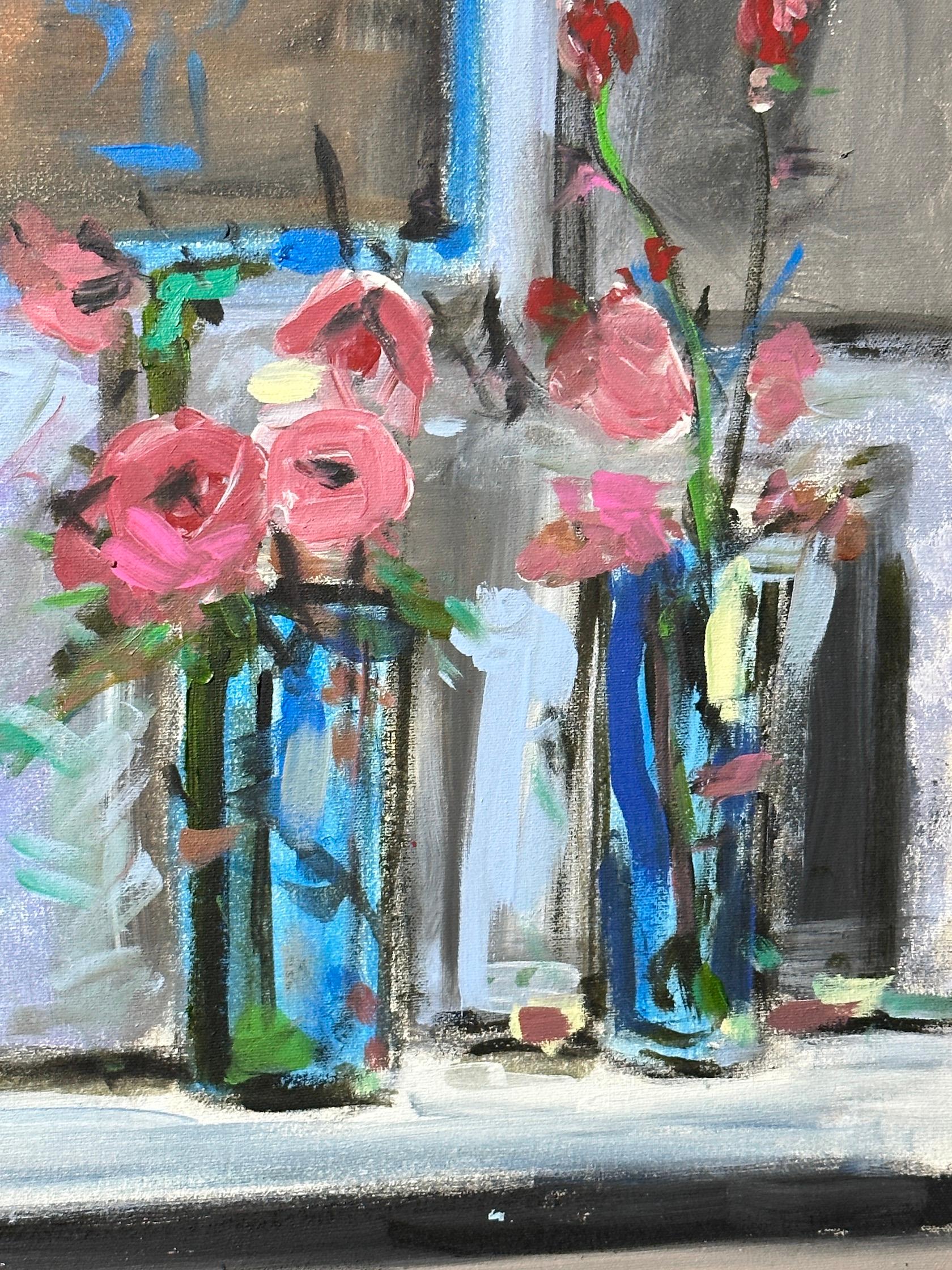 Impressionist still life of poppies, on a window ledge with blue bowel For Sale 1
