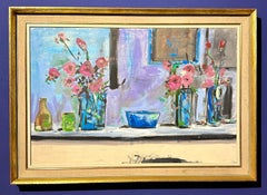 Impressionist still life of poppies, on a window ledge with blue bowel