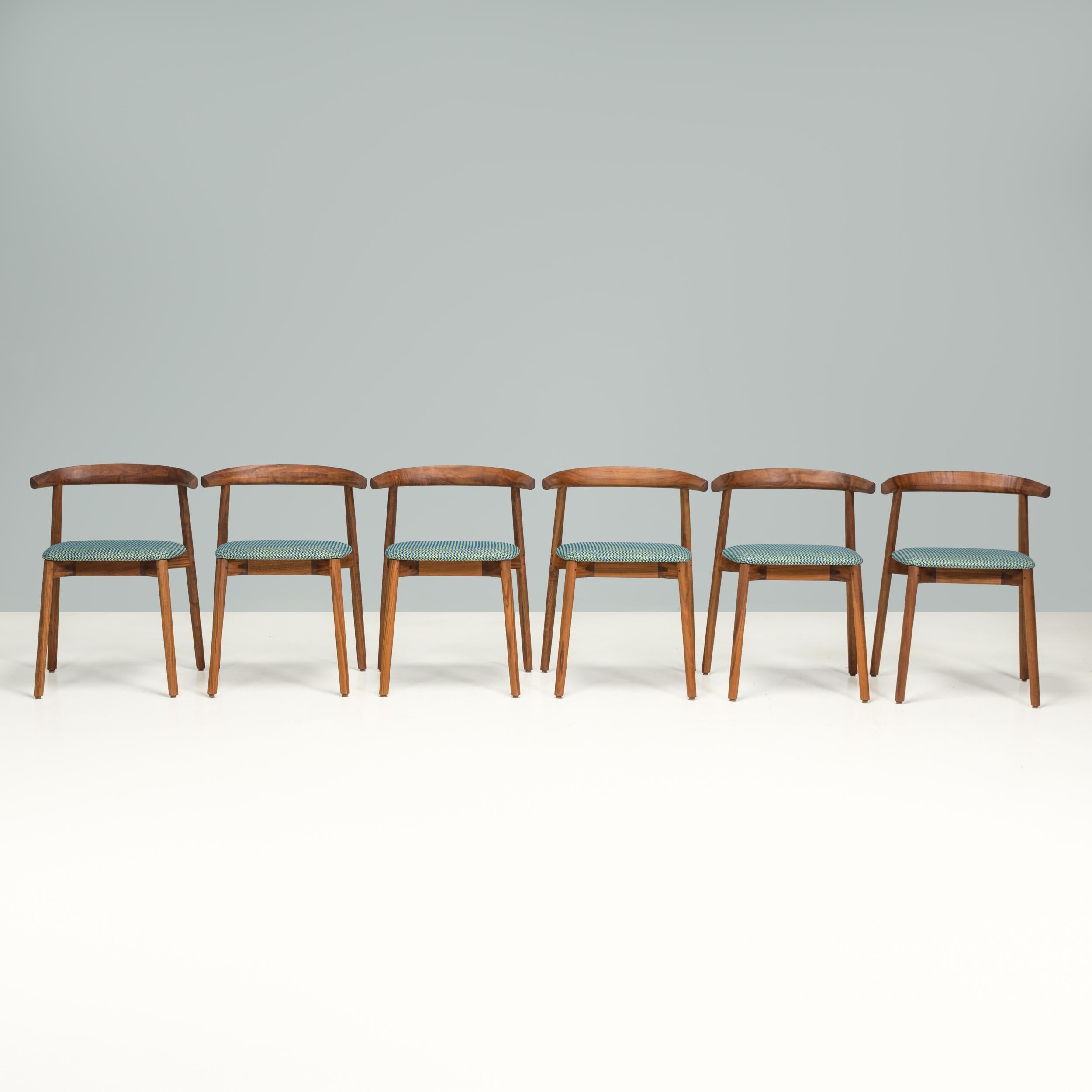 Portuguese De La Espada Ando Upholstered Walnut Dining Chairs, Set of 6