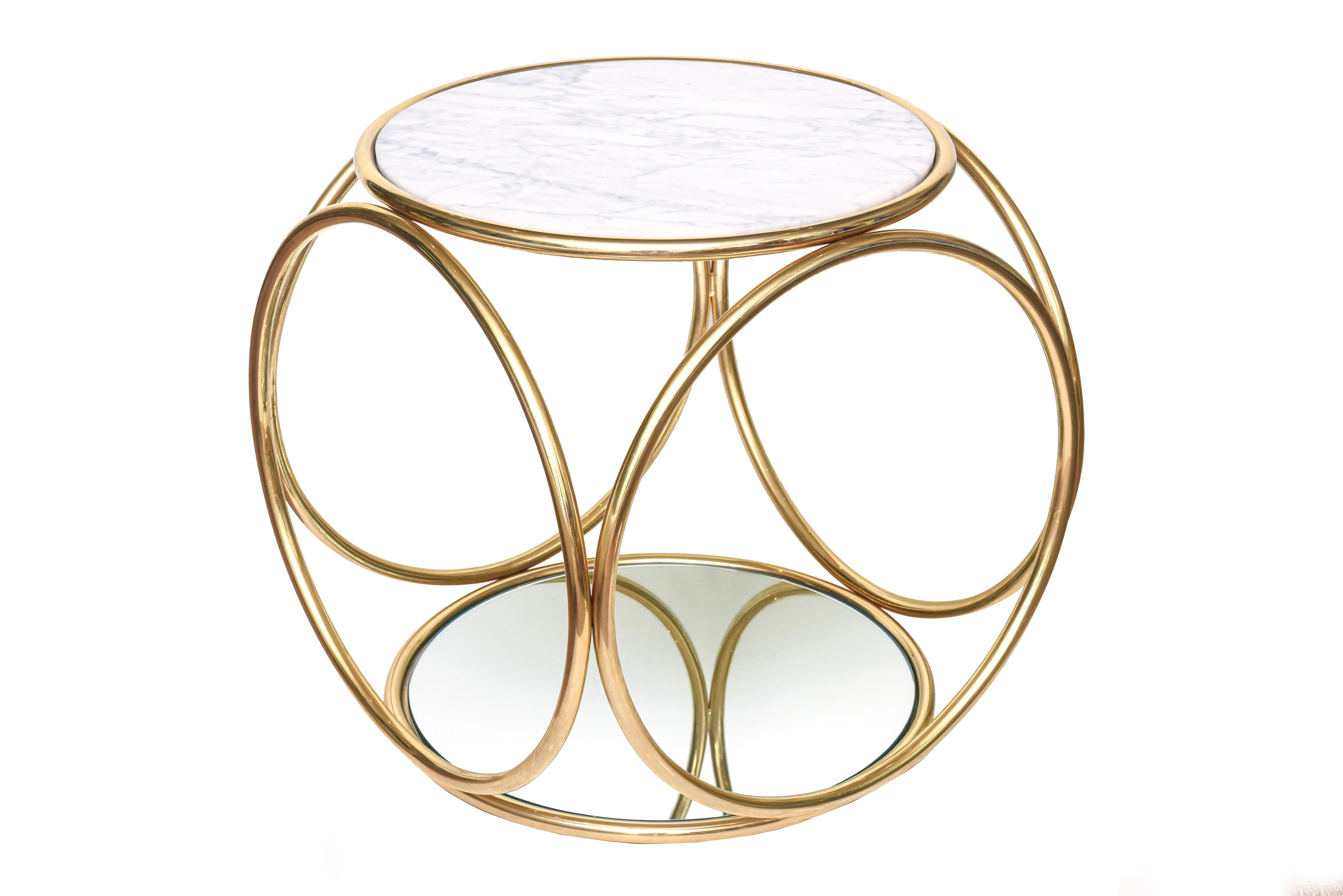 De La Espada Gold Plated Steel Ring Side Table with Carrara Marble Top & Mirror 4