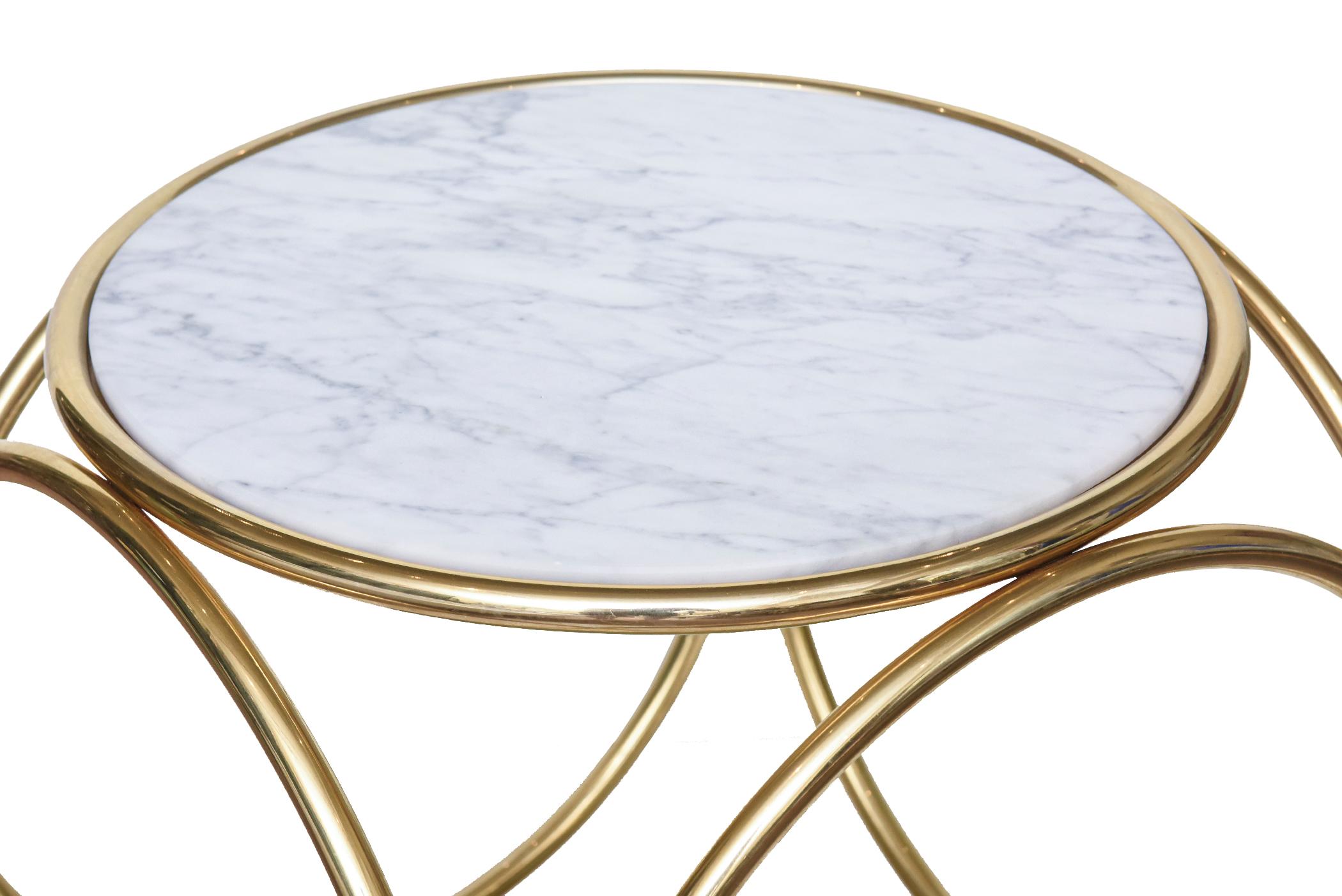 Modern De La Espada Gold Plated Steel Ring Side Table with Carrara Marble Top & Mirror