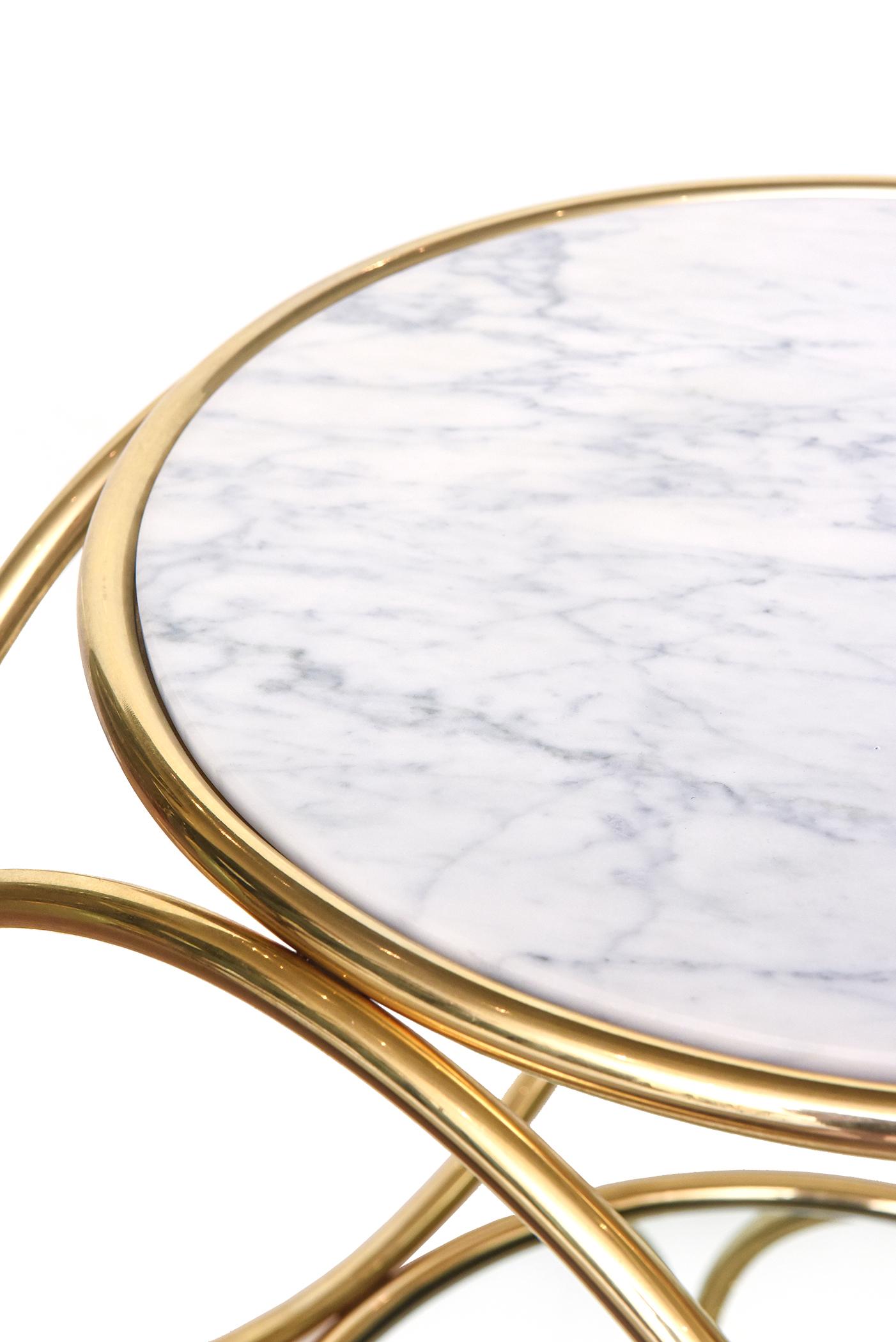 Portuguese De La Espada Gold Plated Steel Ring Side Table with Carrara Marble Top & Mirror