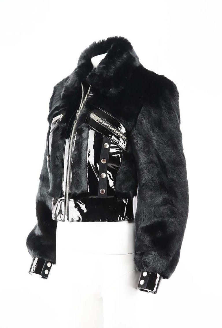 De La Vali Patent Leather Trimmed Faux Fur Jacket UK 8 For Sale at 1stDibs