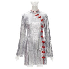 DE LA VALI silver sequins red Chinese butterfly buttons mini dress UK8 S