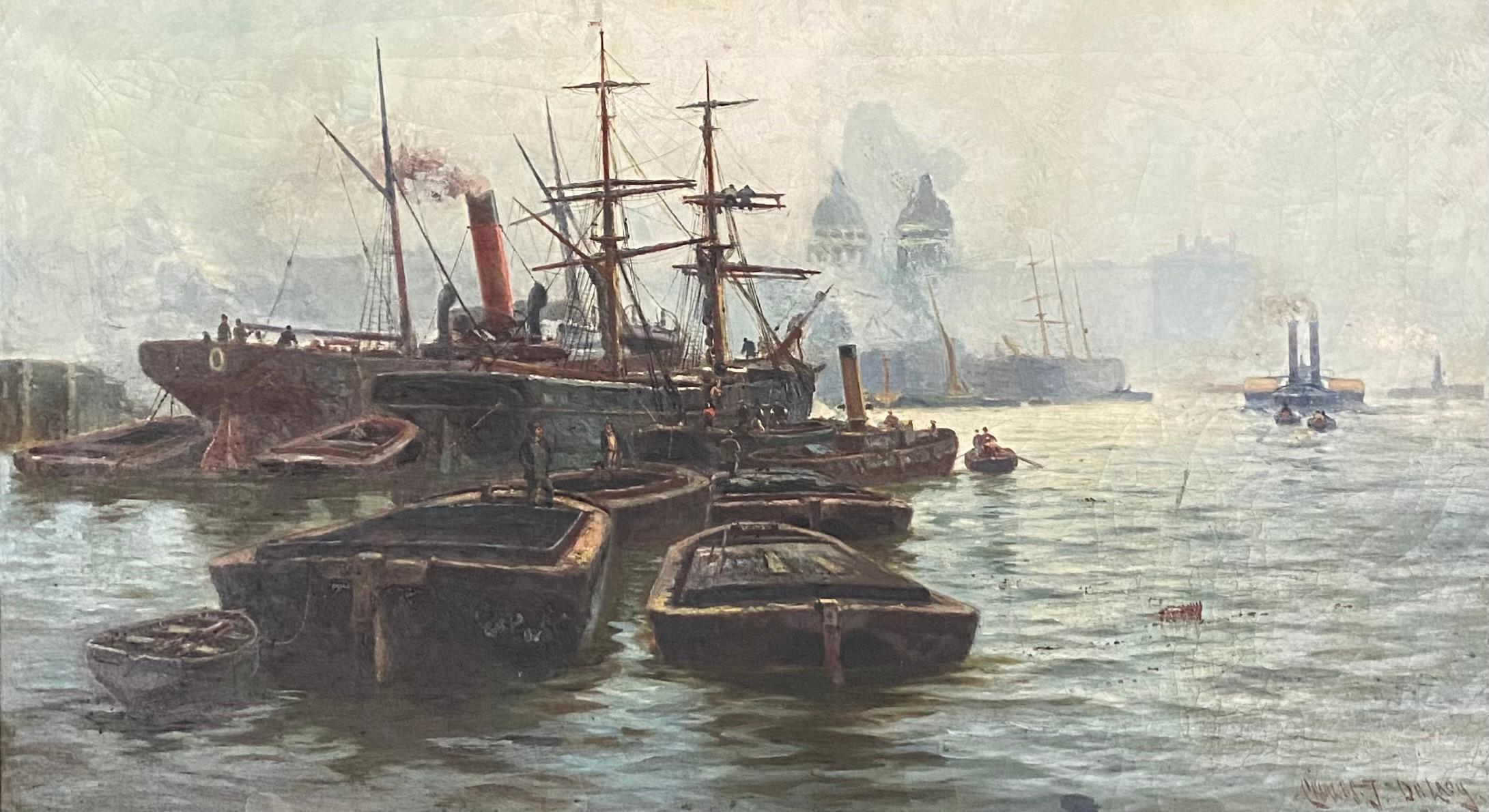 DE LACEY Charles James Figurative Painting - Ships in a harbour. Oil on canvas. Signed.