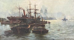 Ships in a harbour. Oil on canvas. Signed.