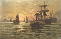 Antique Ships in harbour. Oil on canvas. Signed. 