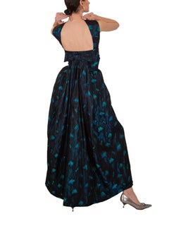 1950s Black and Turquoise Flame Stitch Brocade Evening Dress