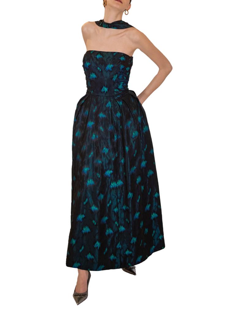 1950s Black and Turquoise Flame Stitch Brocade Evening Dress For Sale 1