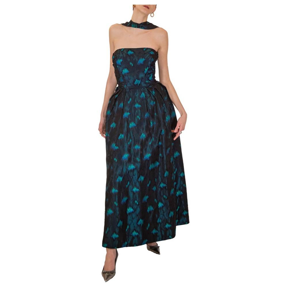 1950s Black and Turquoise Flame Stitch Brocade Evening Dress