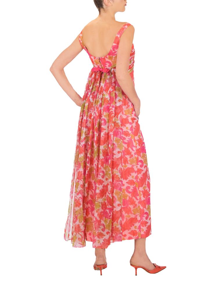 Pink 1960s Jean Allen London Psychedelic Floral Print Evening Dress For Sale