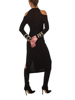 1970s JIKI Black Knit Dress With Beaded Sleeves
