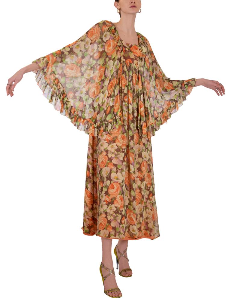 Brown 1970s John Charles Floral Dress For Sale