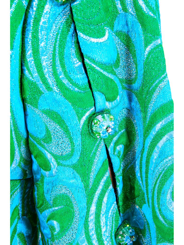 Blue Frank Usher Turquoise Brocade Dress Late 1960s For Sale