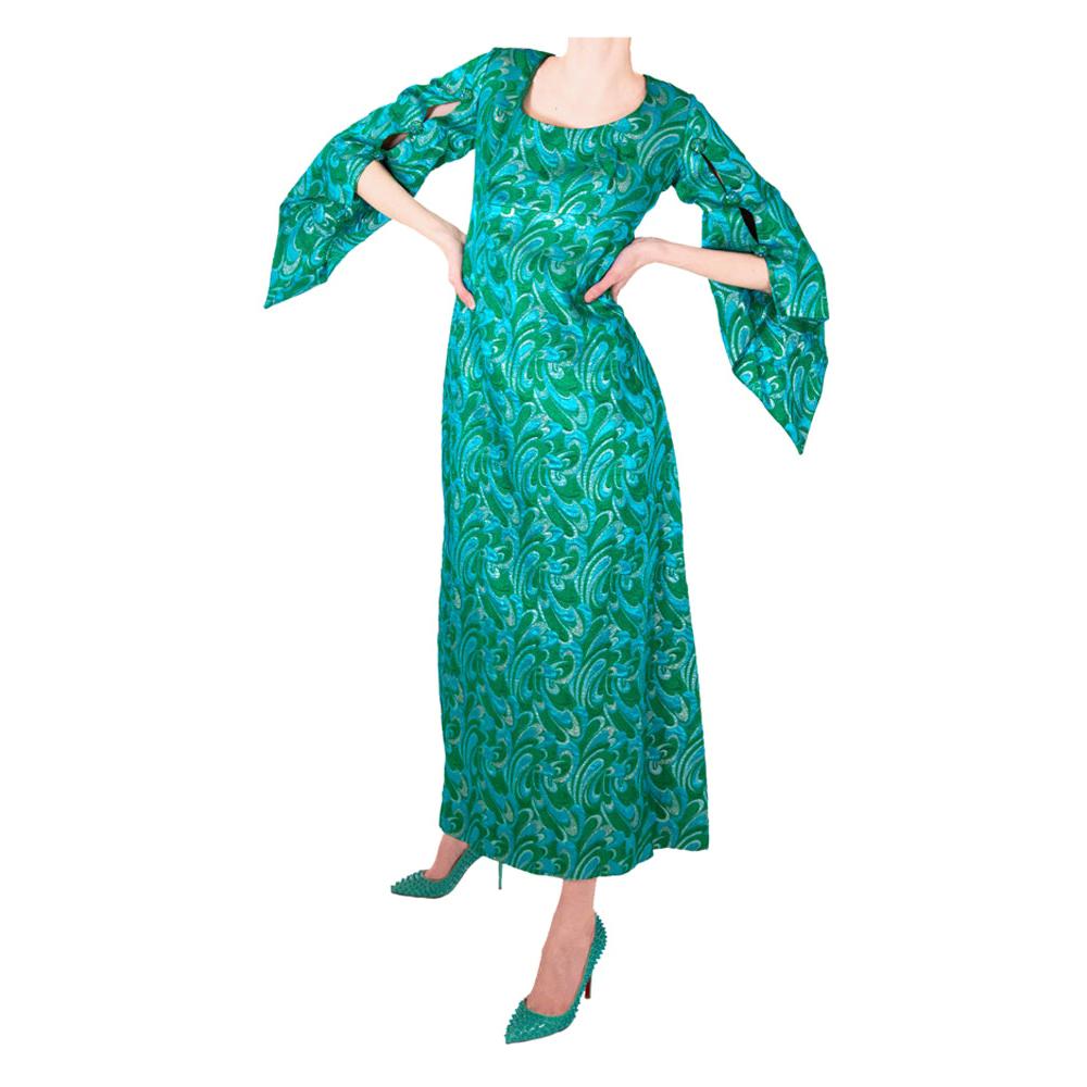 Frank Usher Turquoise Brocade Dress Late 1960s For Sale