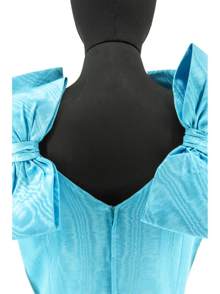 Murray Arbeid Blue Topaz Silk Moiré Dress With Bows 1980s In Good Condition For Sale In London, GB